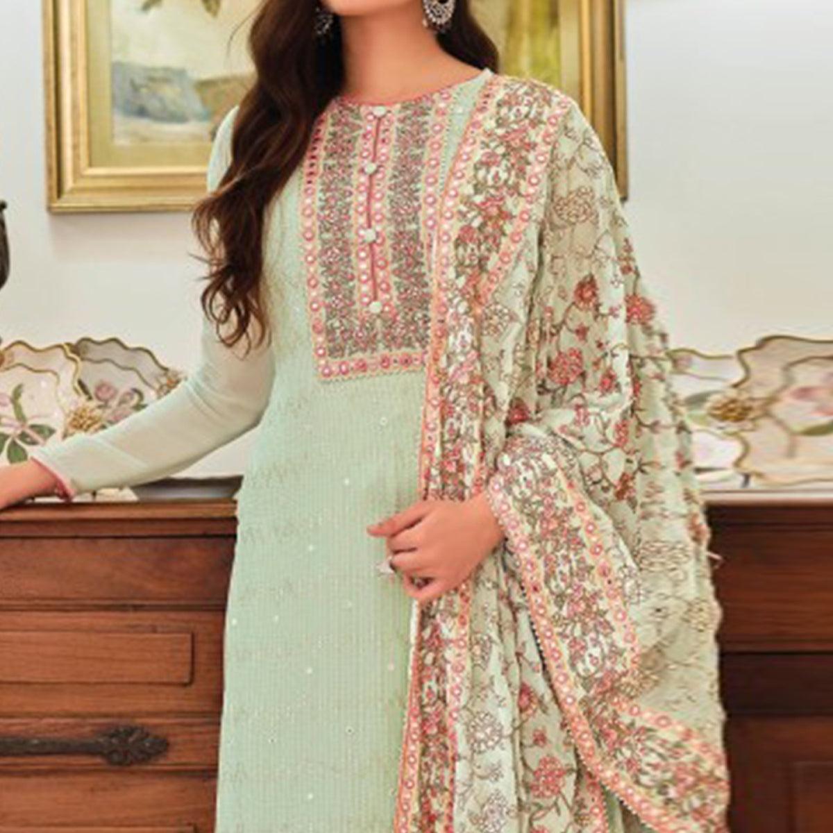 Pista Green Sequence Embroidered With Mirror Work Georgette Palazzo Suit - Peachmode