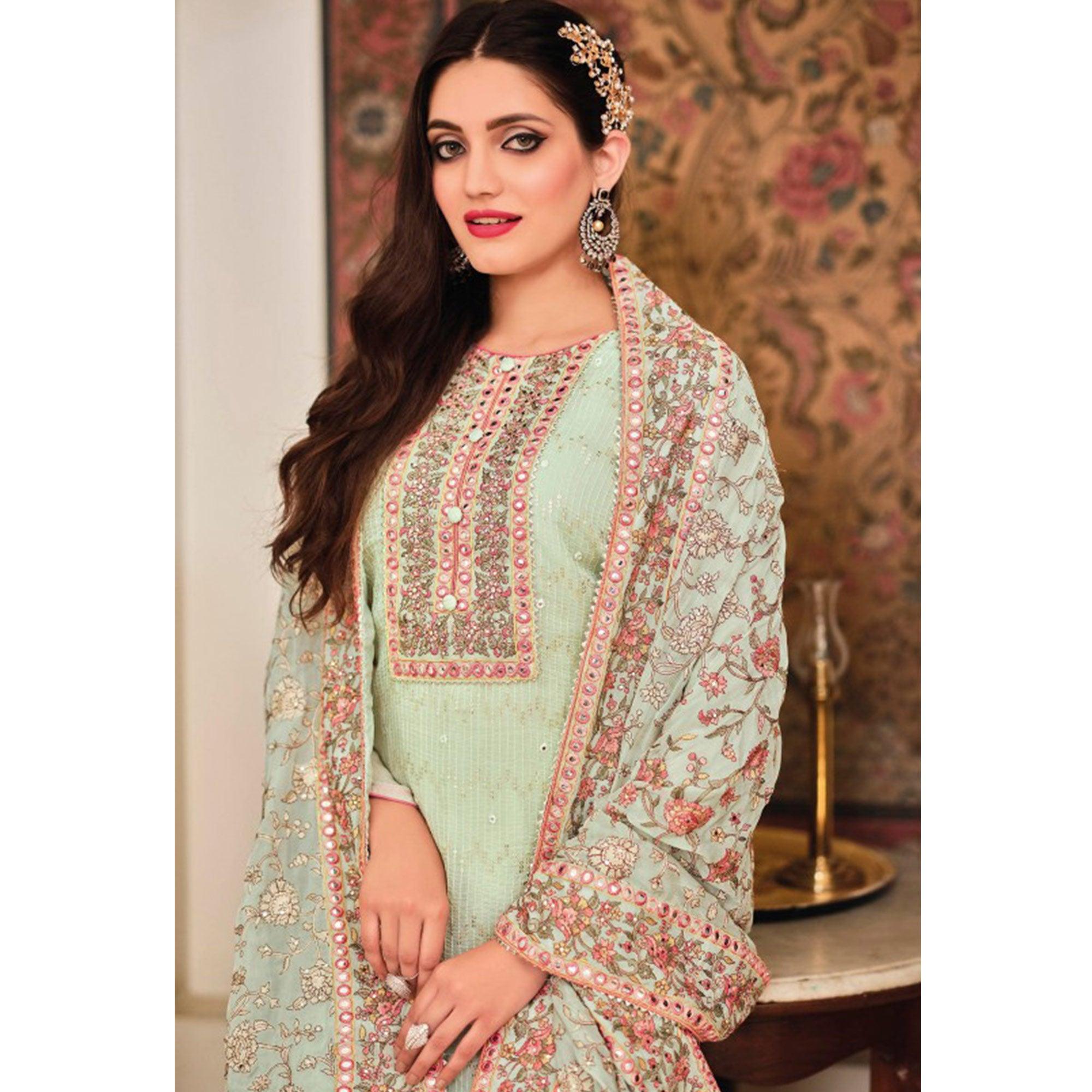 Pista Green Sequence Embroidered With Mirror Work Georgette Palazzo Suit - Peachmode