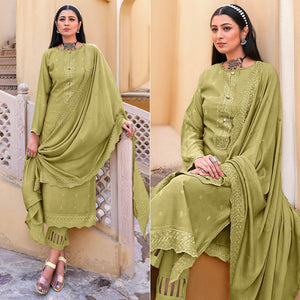 Pista Green Sequence Floral Embroidered Muslin Suit - Peachmode