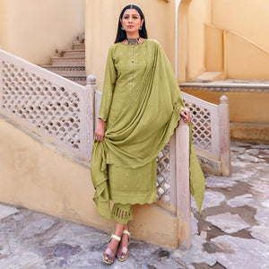 Pista Green Sequence Floral Embroidered Muslin Suit - Peachmode