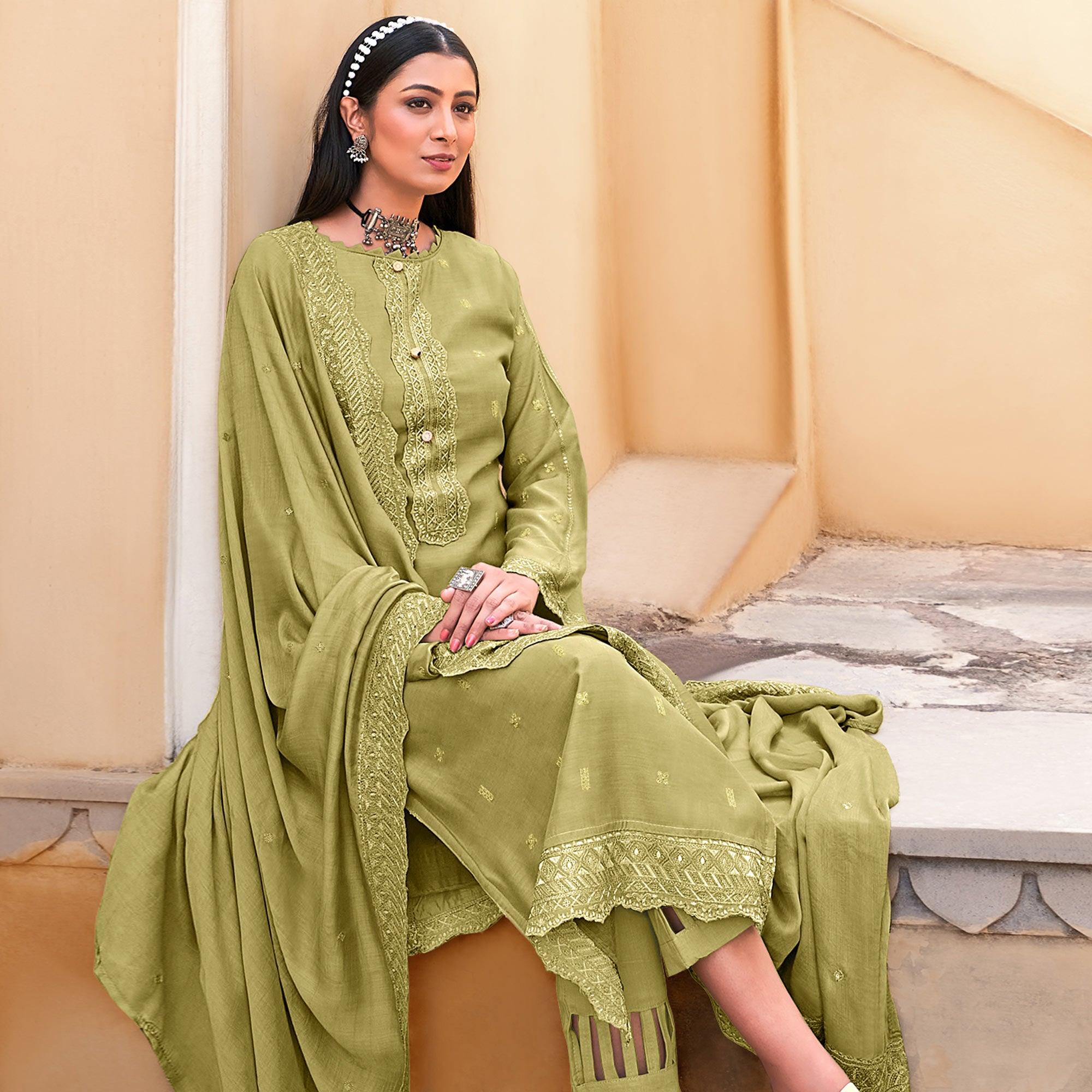 Pista Green Sequence Floral Embroidered Muslin Suit - Peachmode