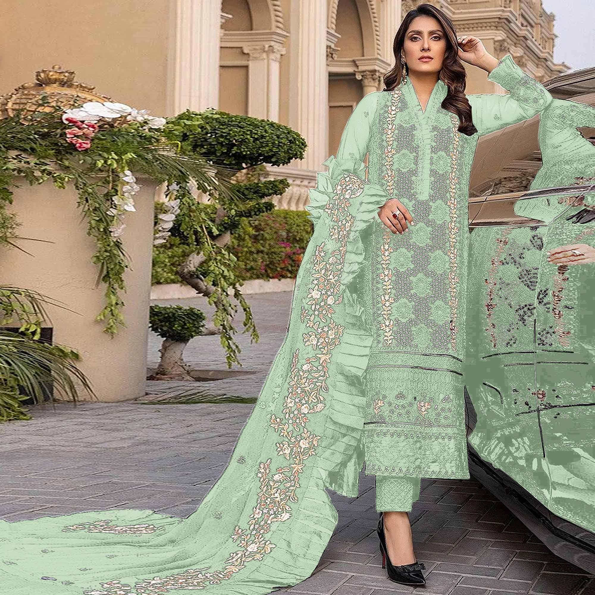 Pista Green Sequence With Floral Embroidered Georgette Pakistani Suit - Peachmode