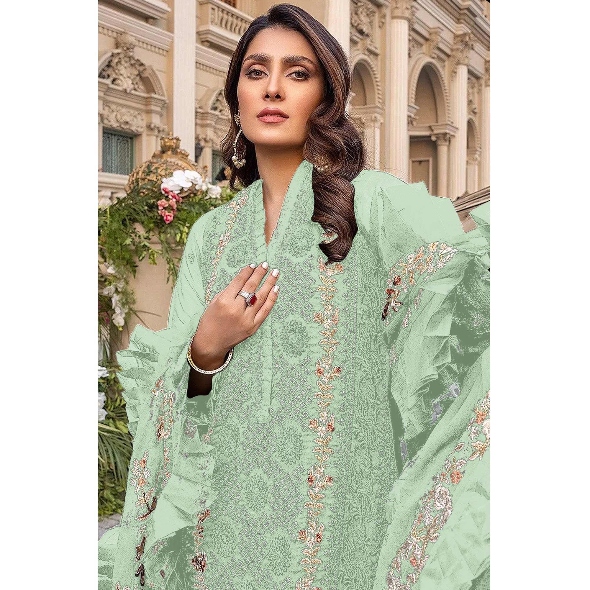 Pista Green Sequence With Floral Embroidered Georgette Pakistani Suit - Peachmode