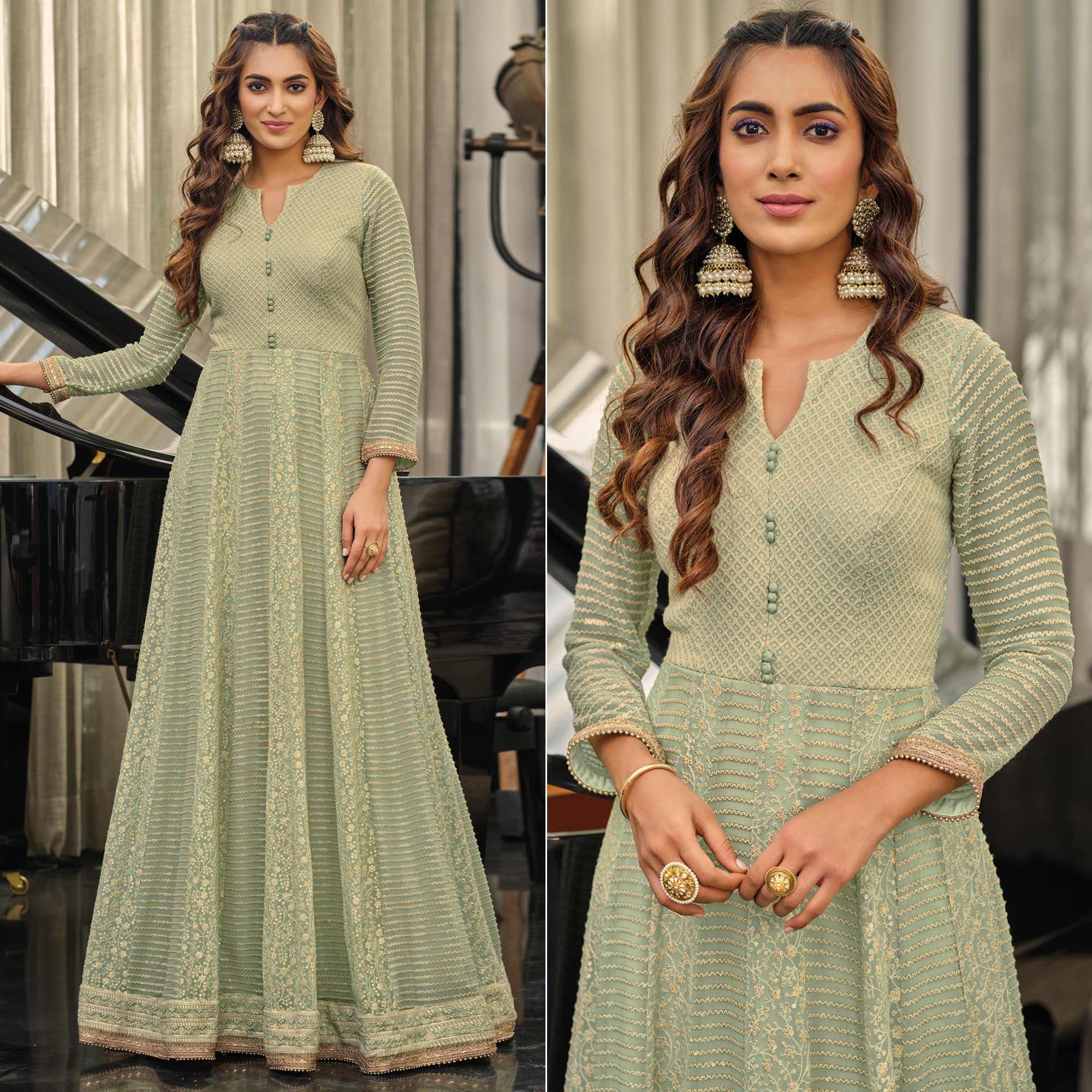 Pista Green Sequins Embroidered Georgette Gown - Peachmode