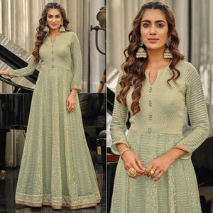 Pista Green Sequins Embroidered Georgette Gown - Peachmode