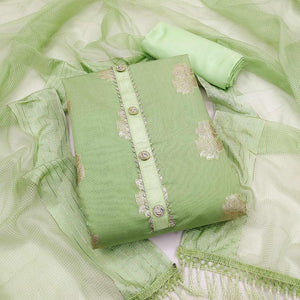 Pista Green Woven Banarasi Silk Dress Material - Peachmode