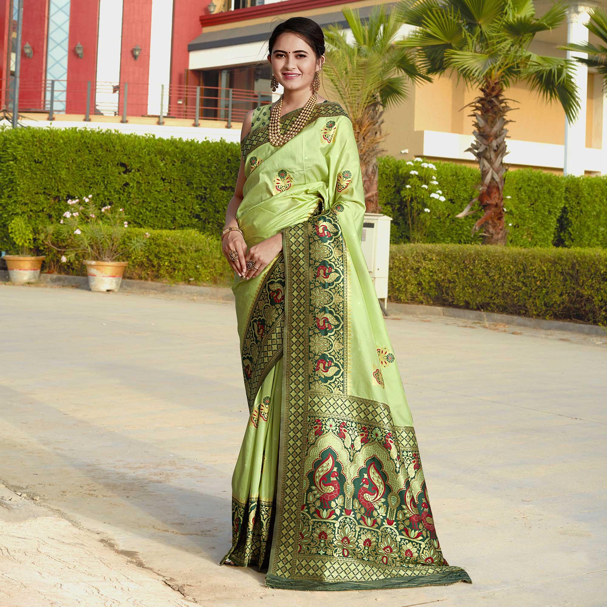 Pista Green Woven Banarasi Silk Saree - Peachmode
