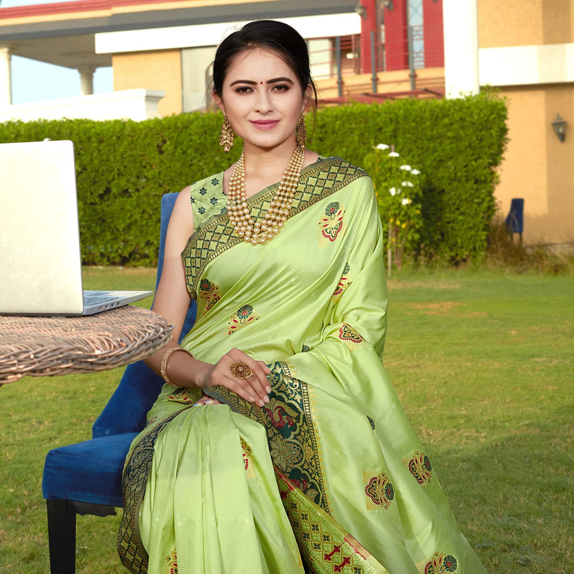 Pista Green Woven Banarasi Silk Saree - Peachmode