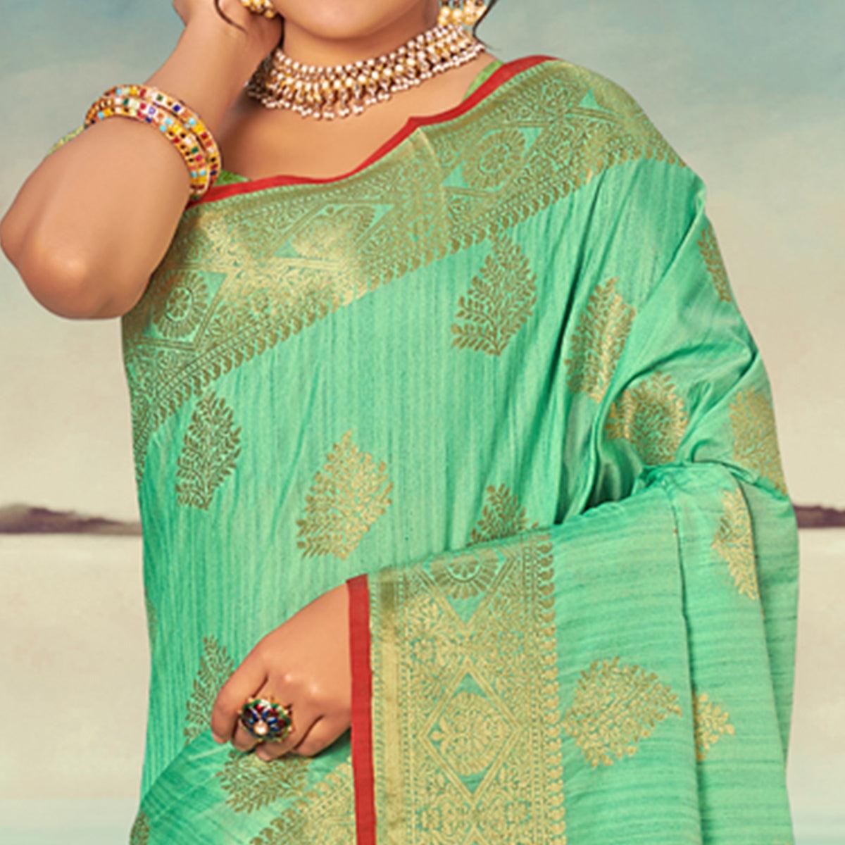 Pista Green Woven Banarasi Silk Saree With Tassels - Peachmode