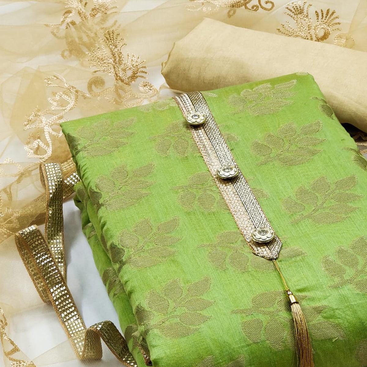 Pista Green Woven Chanderi Dress Material - Peachmode