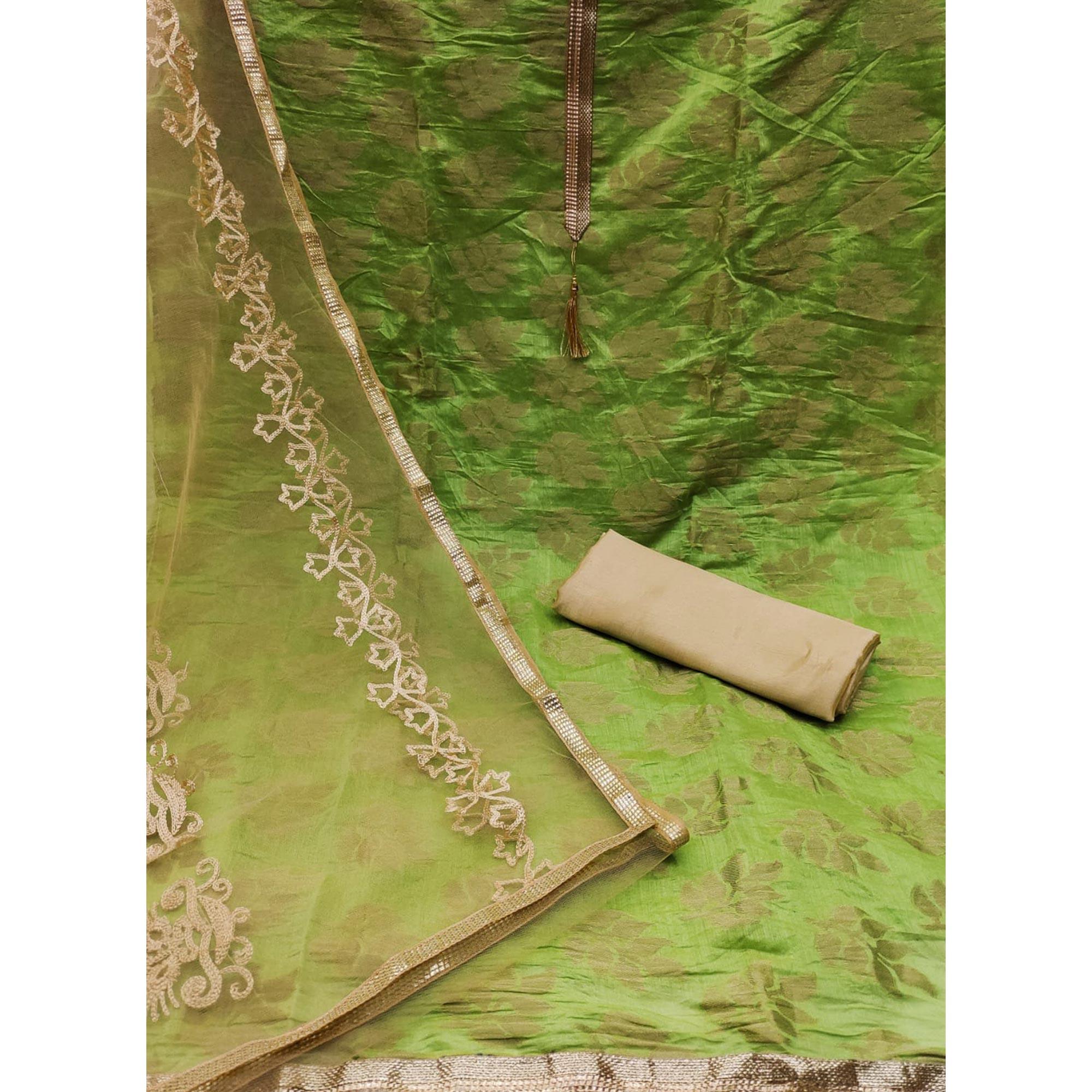 Pista Green Woven Chanderi Dress Material - Peachmode