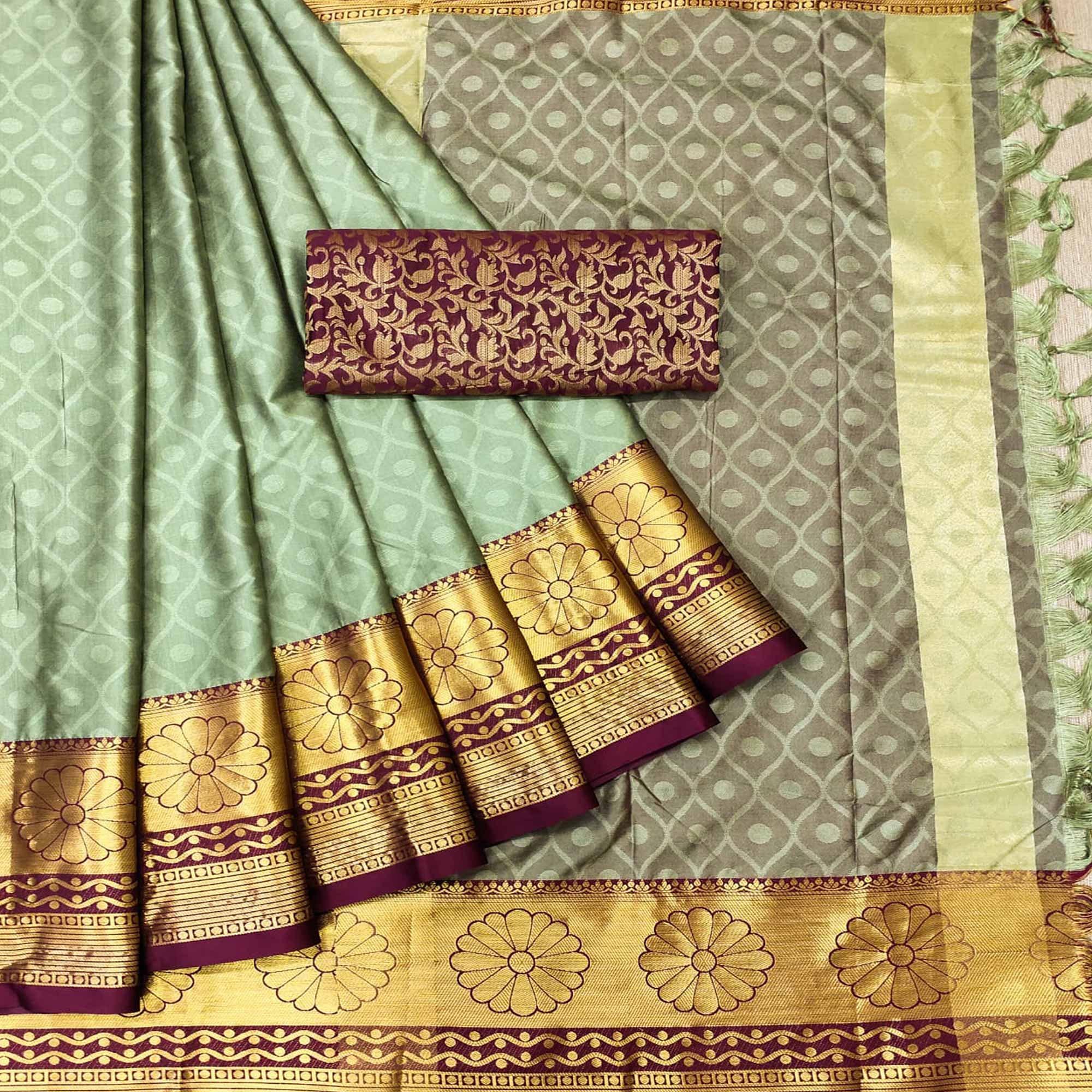 Pista Green Woven Cotton Silk Saree - Peachmode