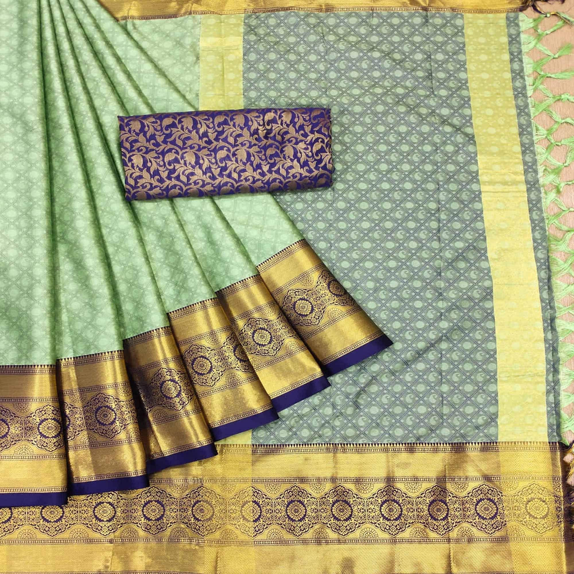 Pista Green Woven Cotton Silk Saree - Peachmode