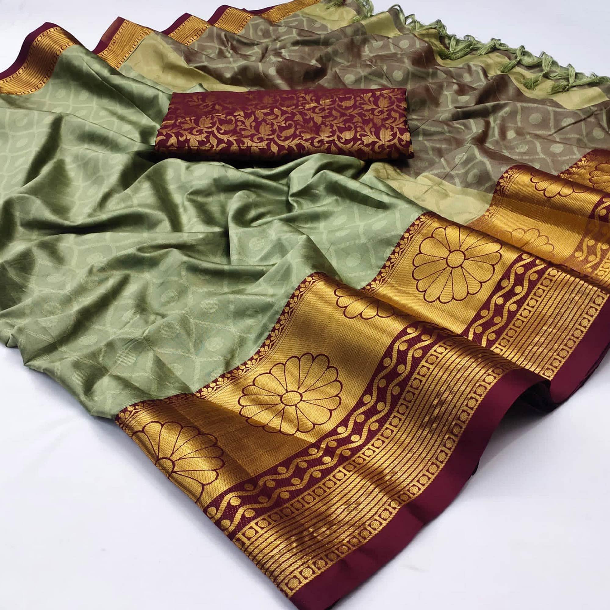 Pista Green Woven Cotton Silk Saree - Peachmode