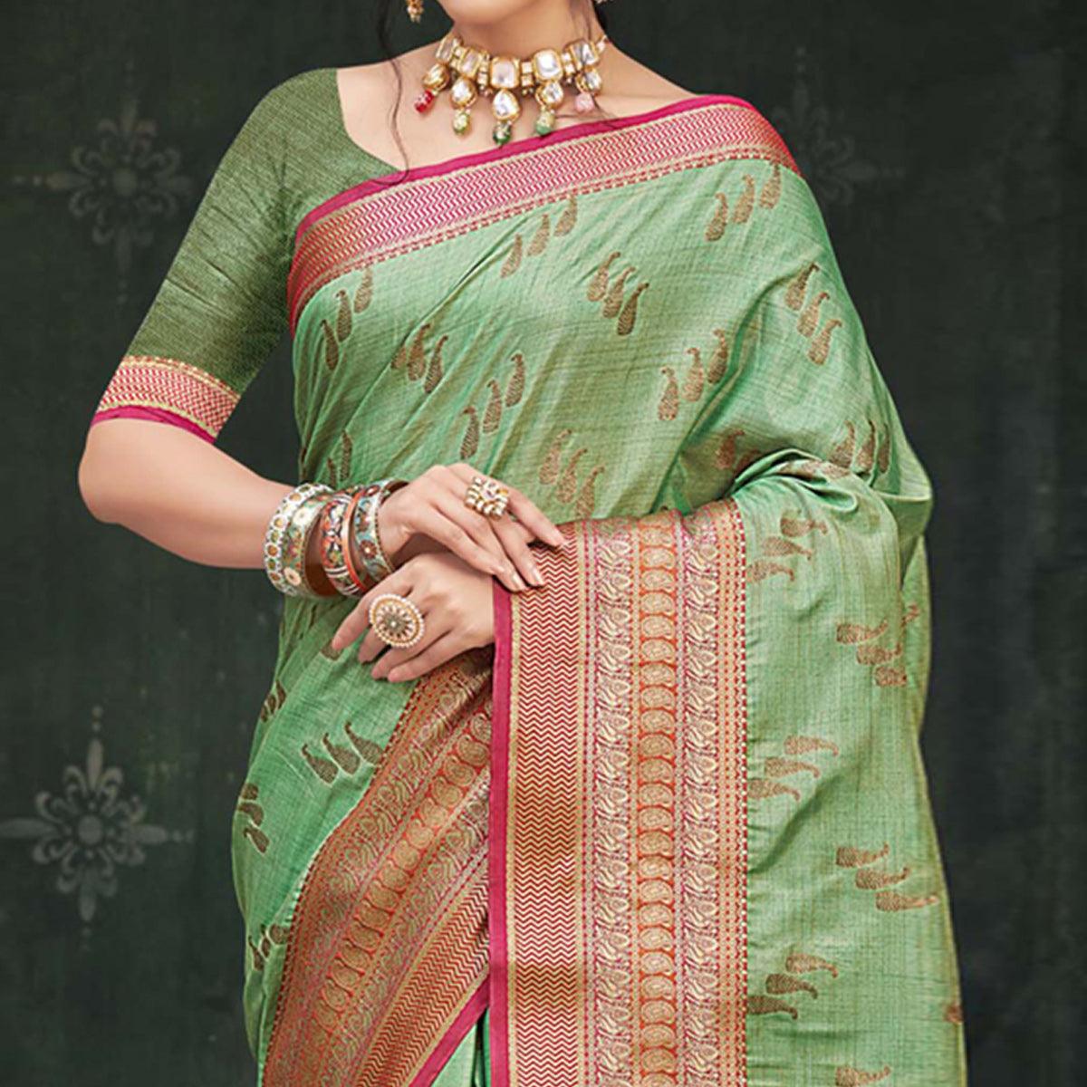 Pista Green Woven Cotton Silk Saree - Peachmode