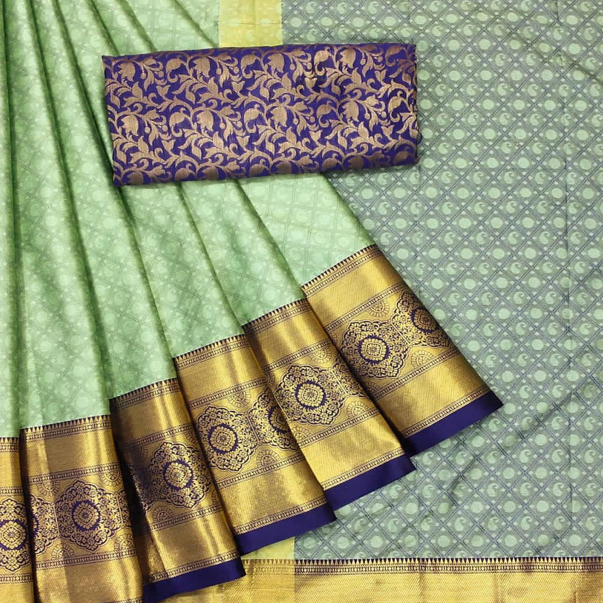 Pista Green Woven Cotton Silk Saree - Peachmode