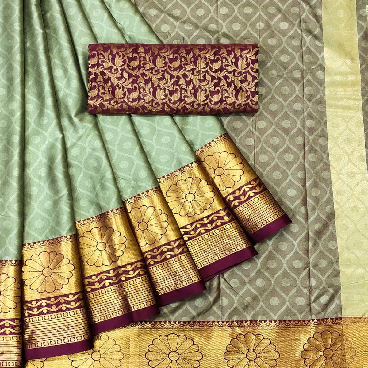 Pista Green Woven Cotton Silk Saree - Peachmode