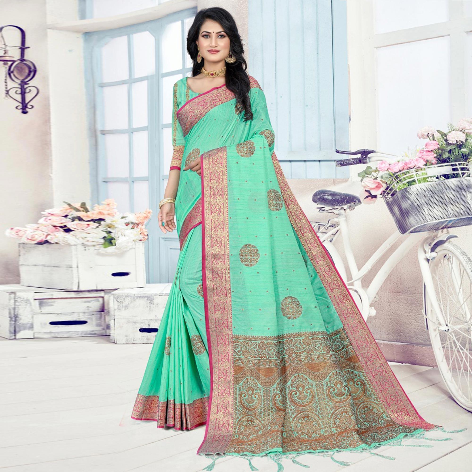 Pista Green Woven Cotton Silk Saree With Tassels - Peachmode