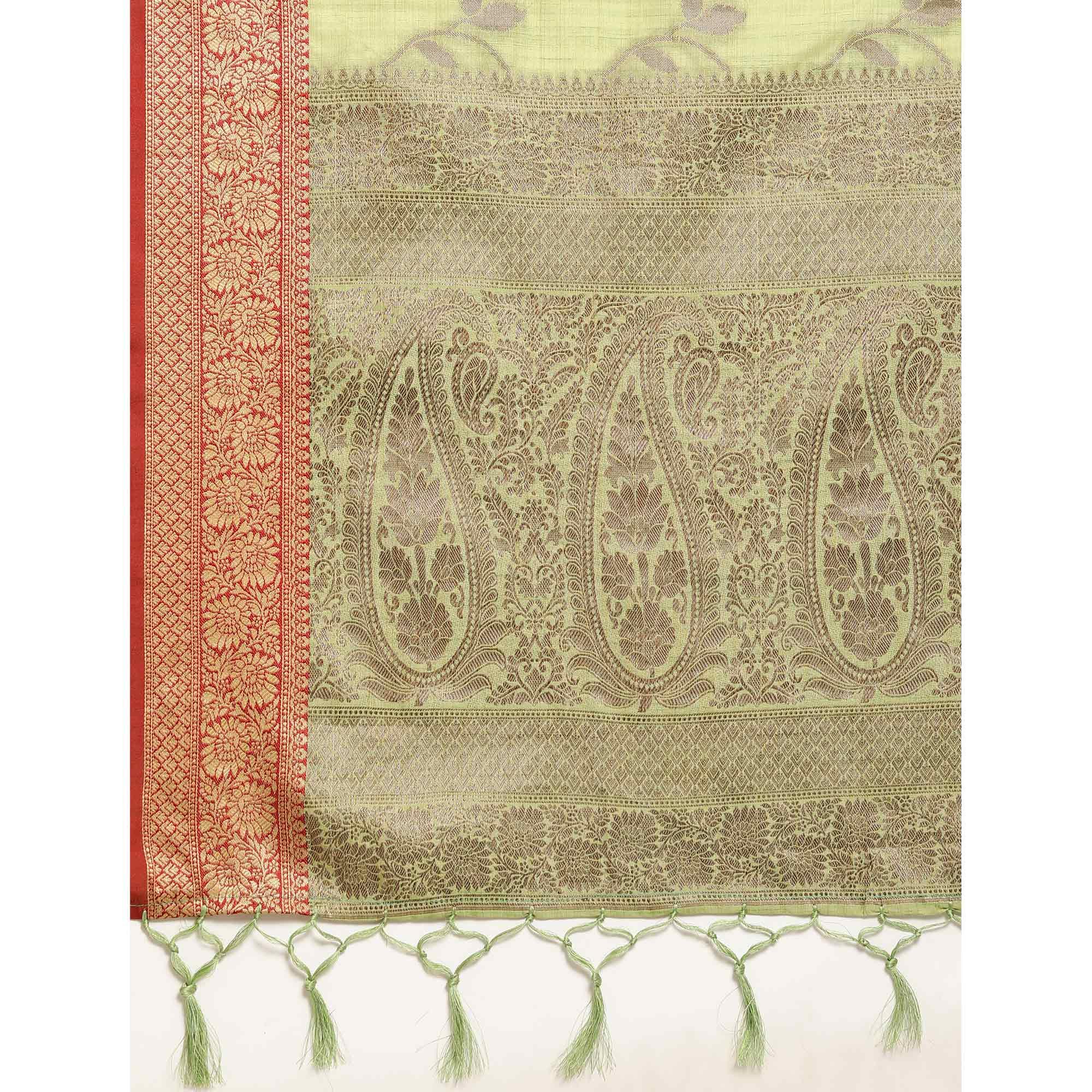 Pista Green Woven Cotton Silk Saree With Tassels - Peachmode