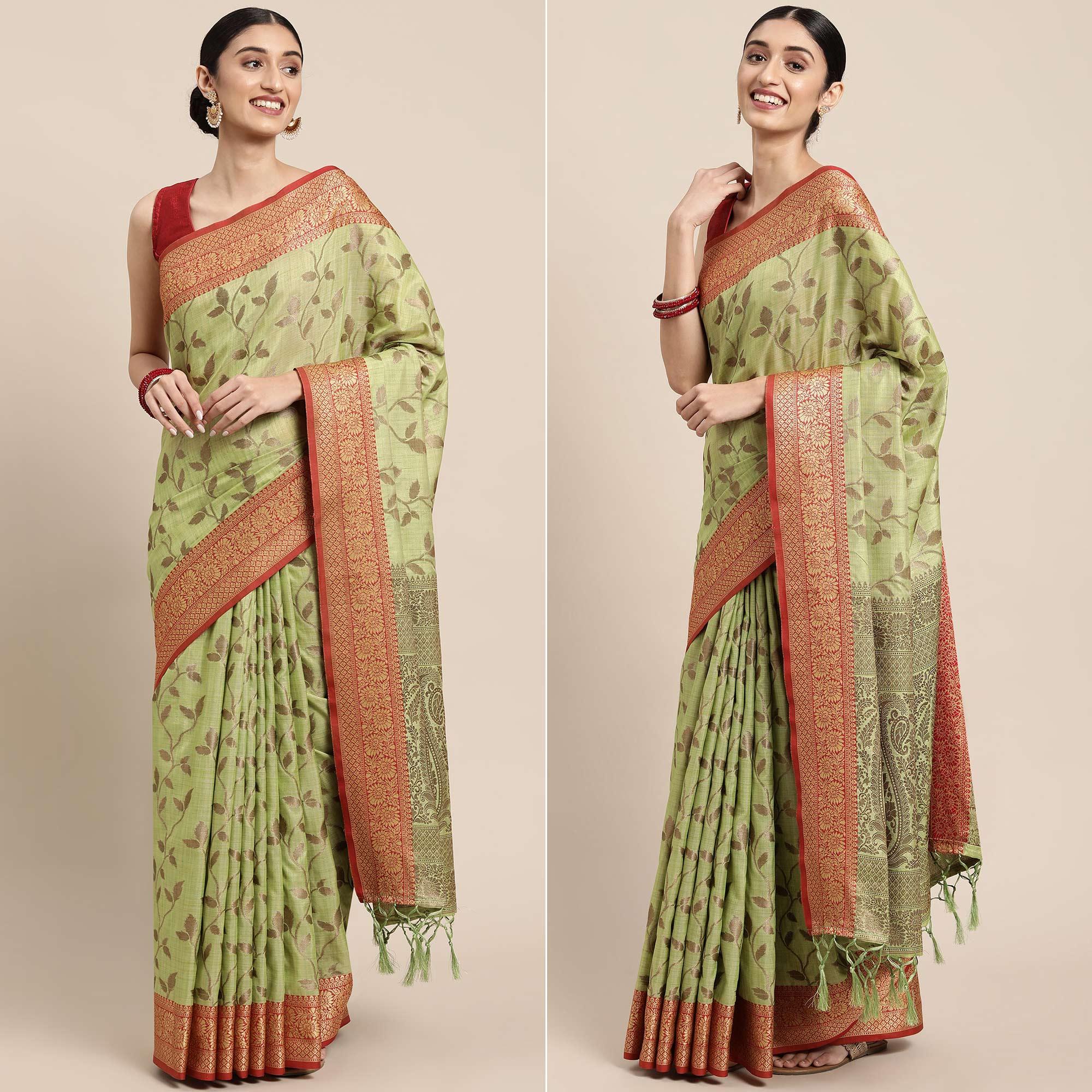 Pista Green Woven Cotton Silk Saree With Tassels - Peachmode