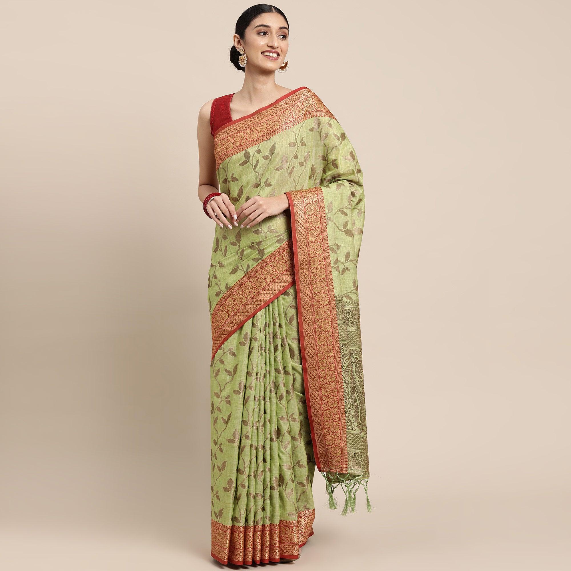 Pista Green Woven Cotton Silk Saree With Tassels - Peachmode