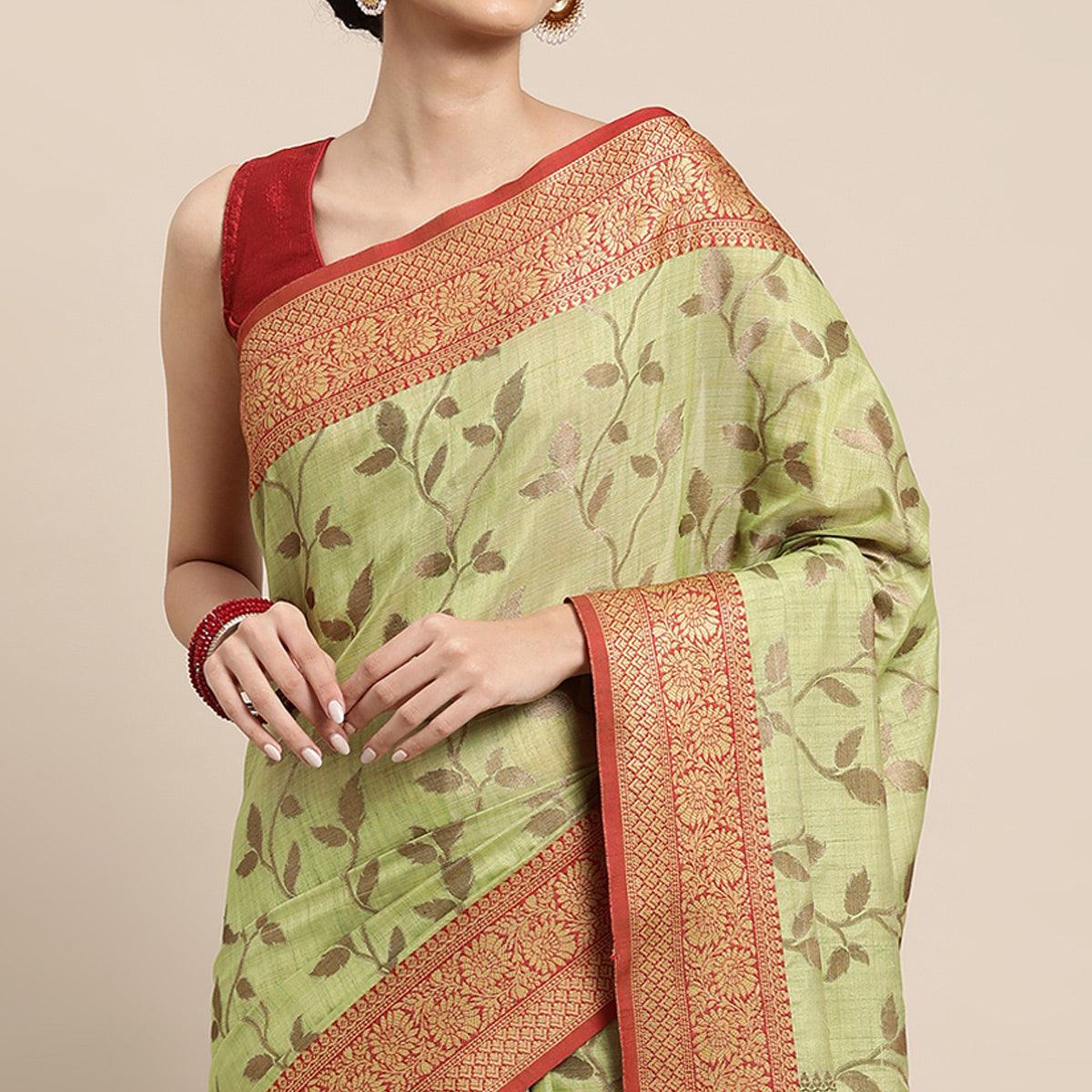 Pista Green Woven Cotton Silk Saree With Tassels - Peachmode