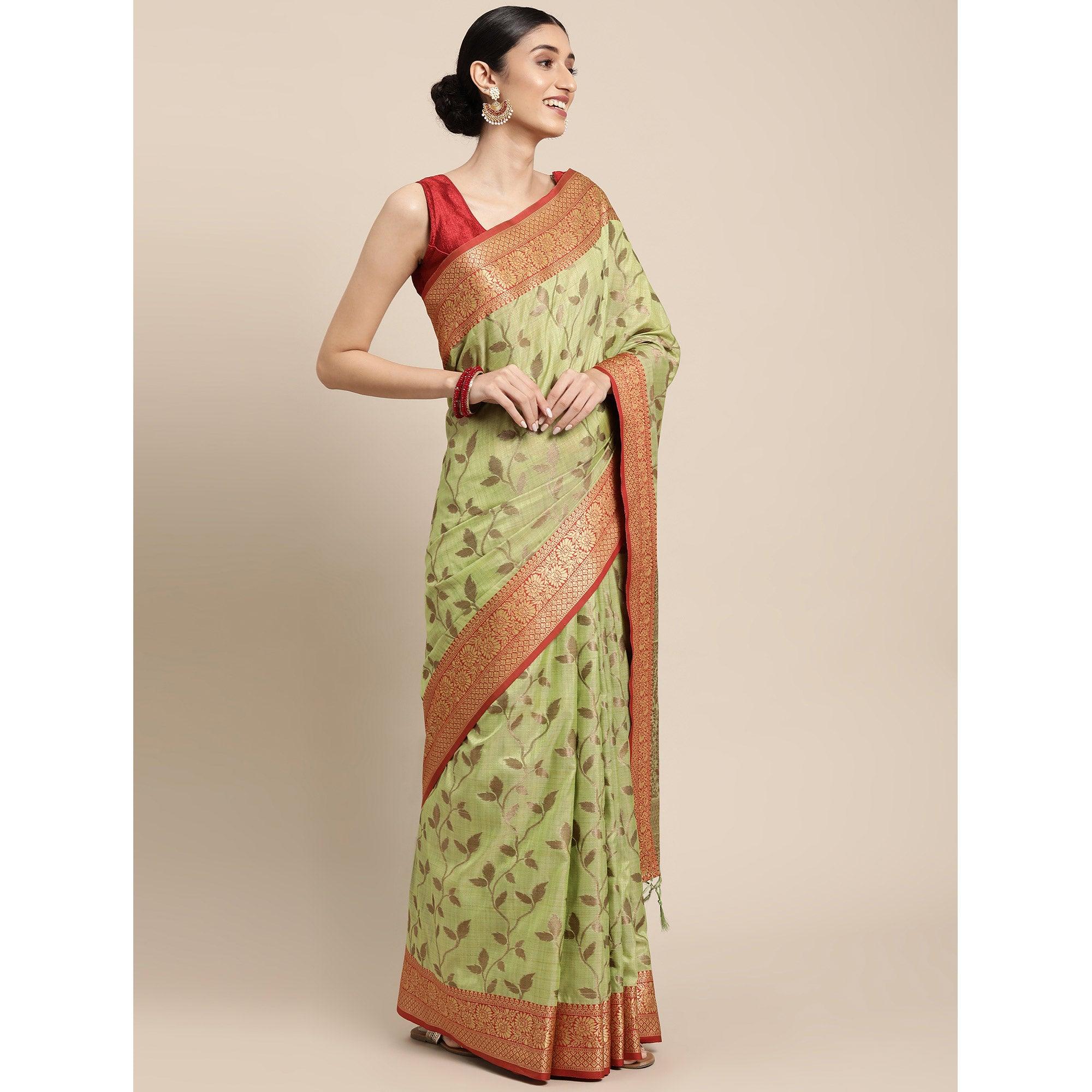 Pista Green Woven Cotton Silk Saree With Tassels - Peachmode