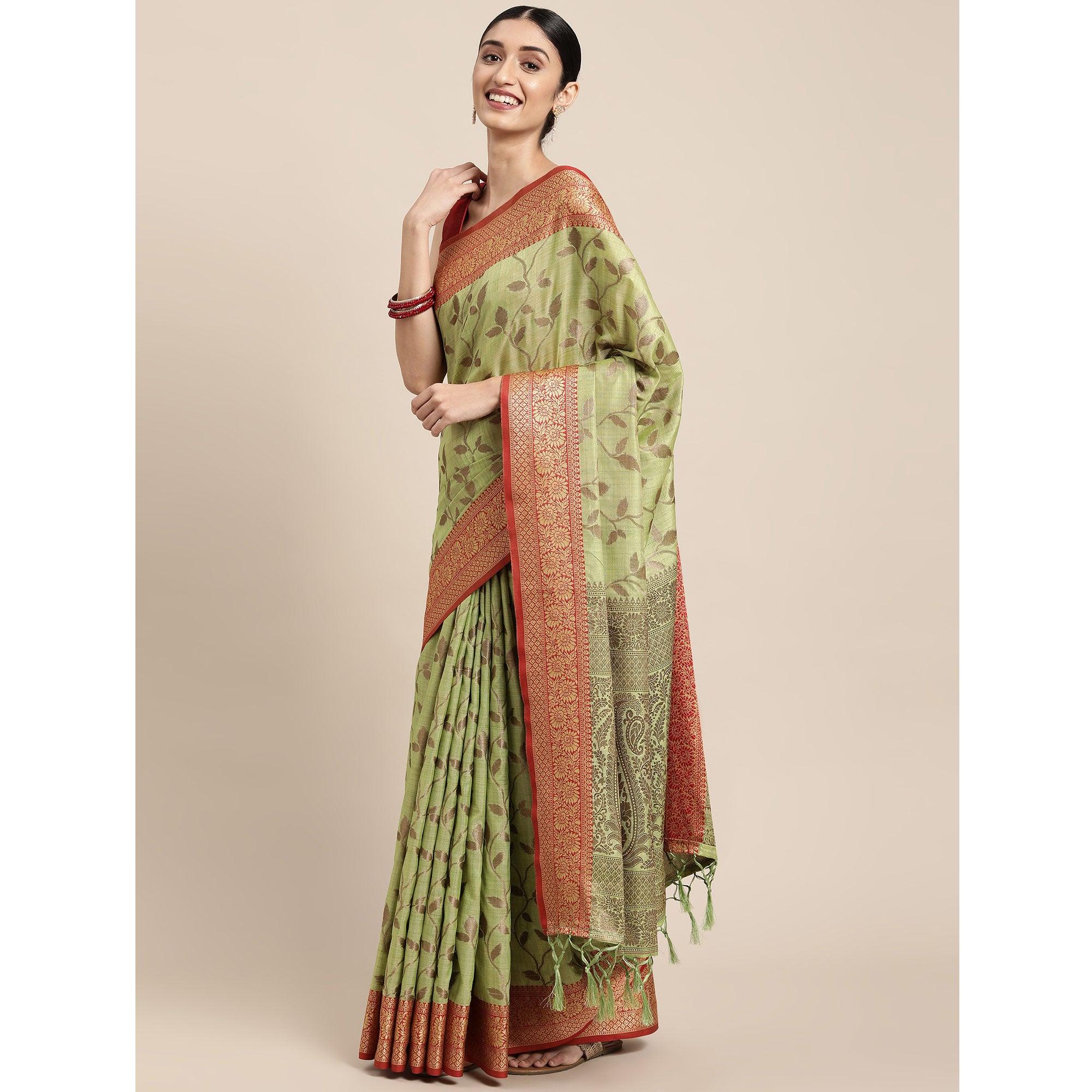 Pista Green Woven Cotton Silk Saree With Tassels - Peachmode