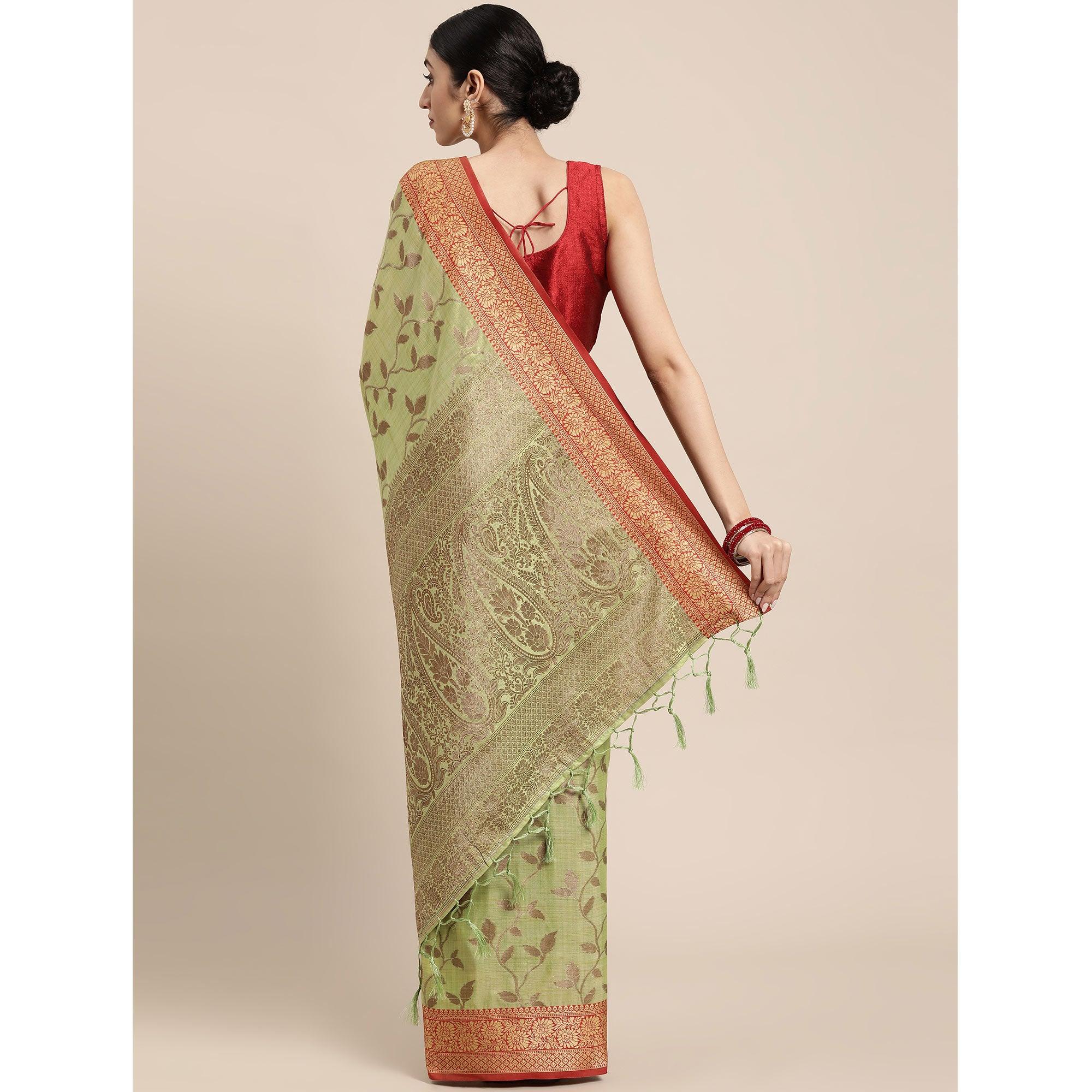 Pista Green Woven Cotton Silk Saree With Tassels - Peachmode