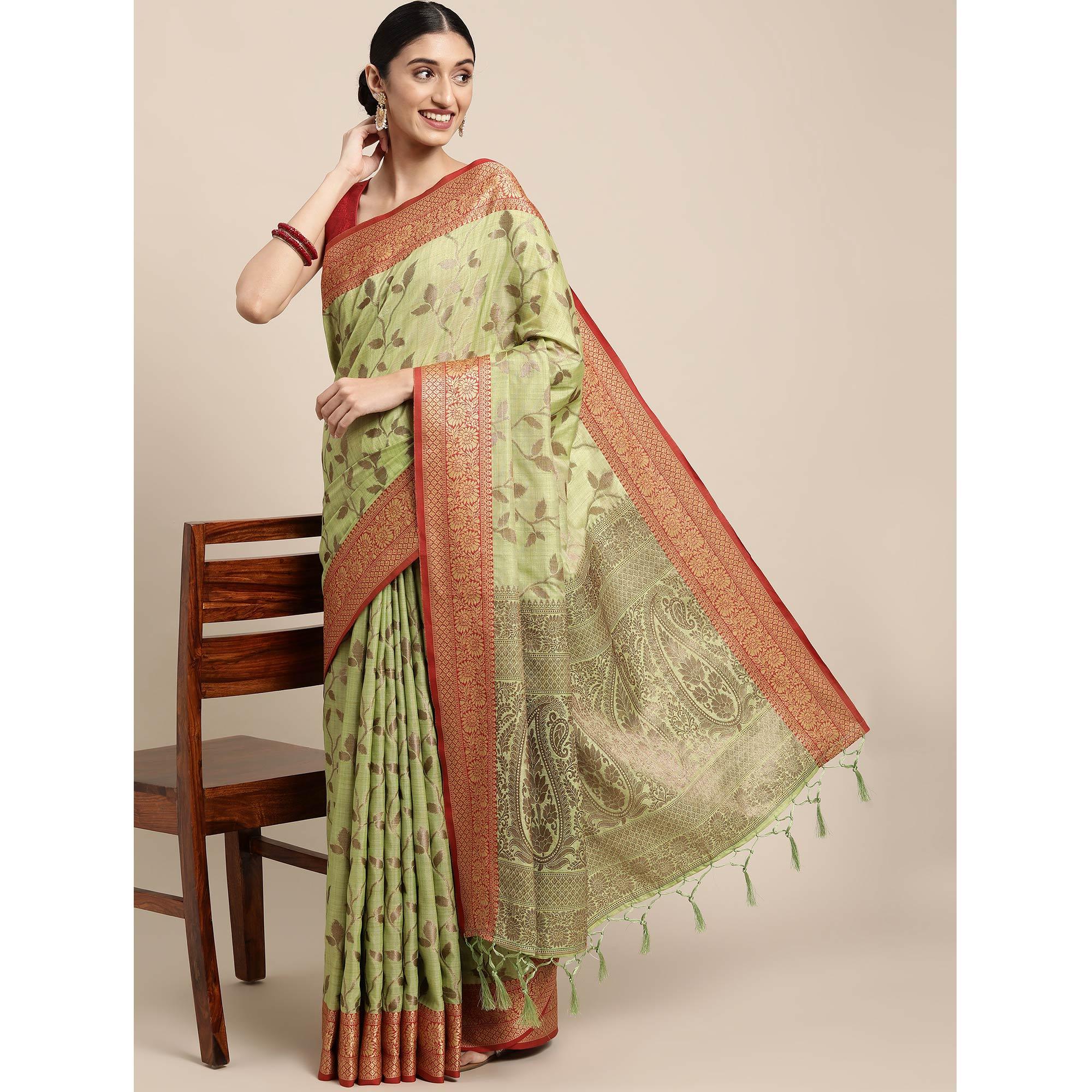 Pista Green Woven Cotton Silk Saree With Tassels - Peachmode