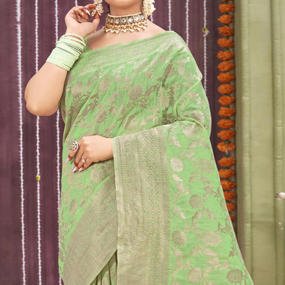 Pista Green Woven Linen Saree - Peachmode