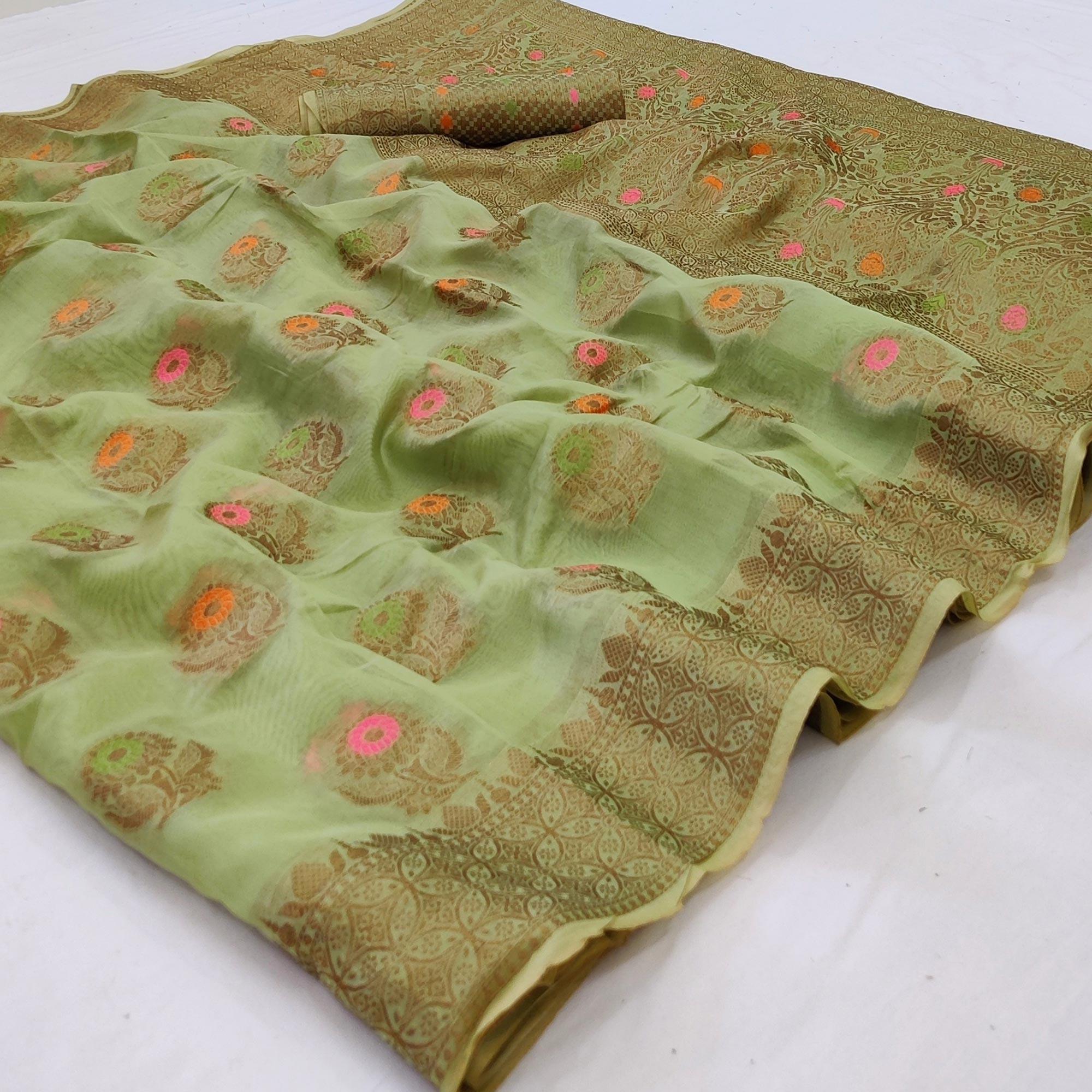 Pista Green Woven Organza Saree - Peachmode