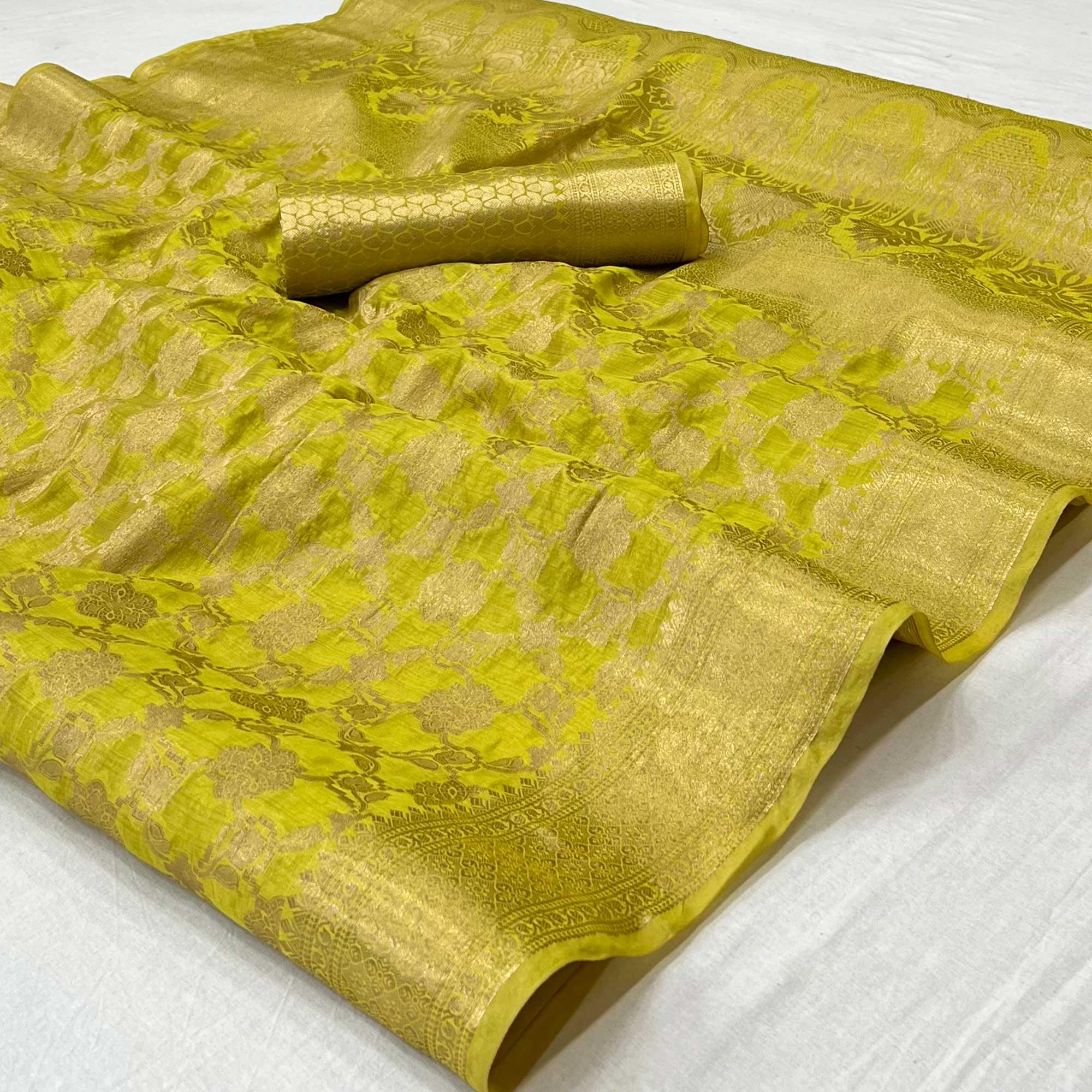 Pista Green Woven Organza Saree - Peachmode