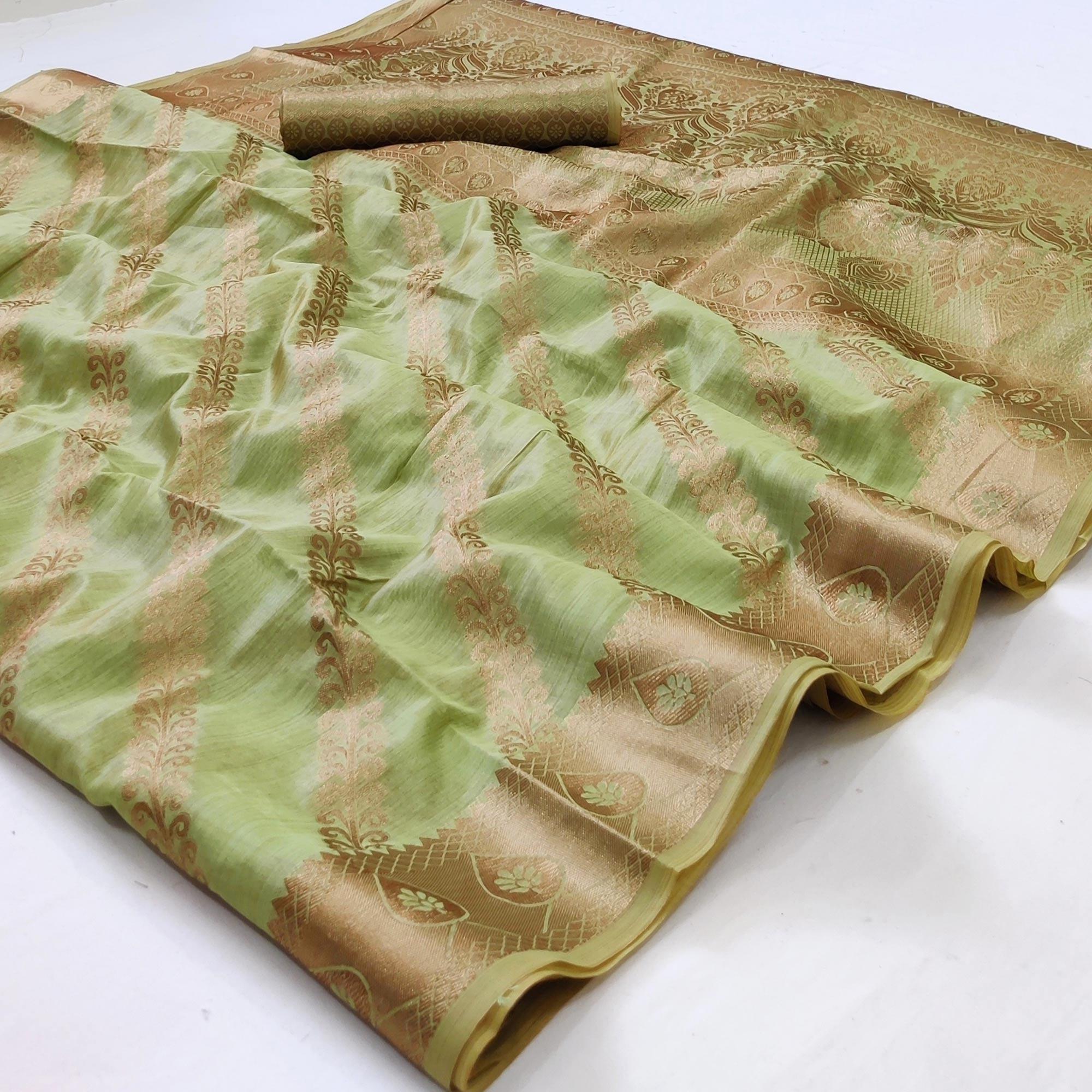 Pista Green Woven Organza Saree - Peachmode