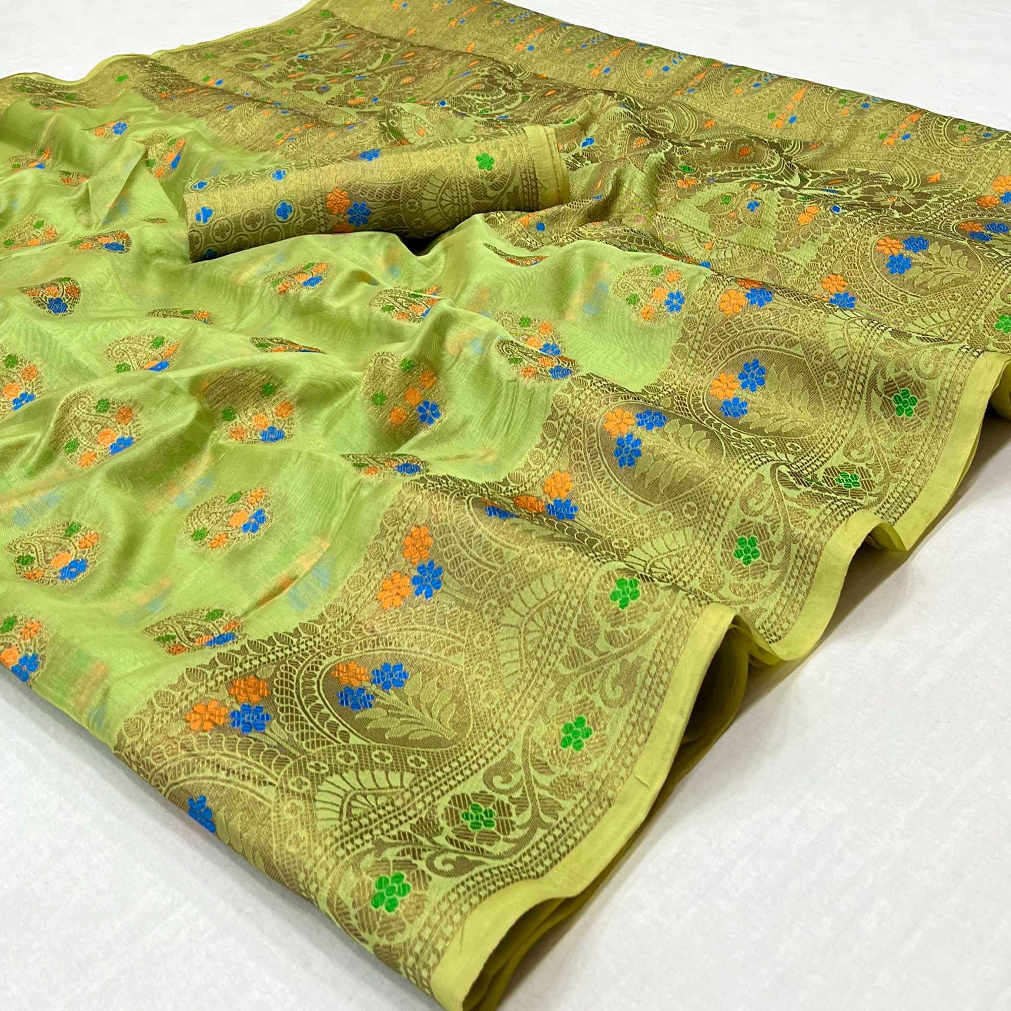 Pista Green Woven Organza Saree - Peachmode