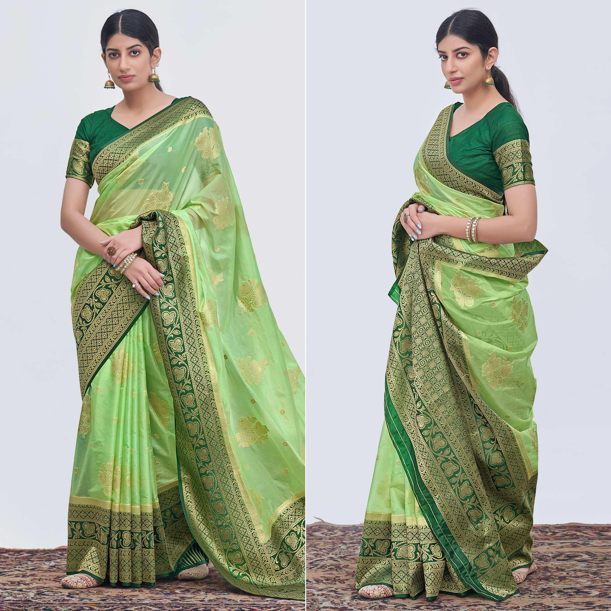 Pista Green Woven Organza Saree - Peachmode