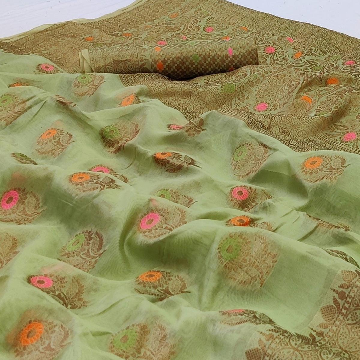 Pista Green Woven Organza Saree - Peachmode