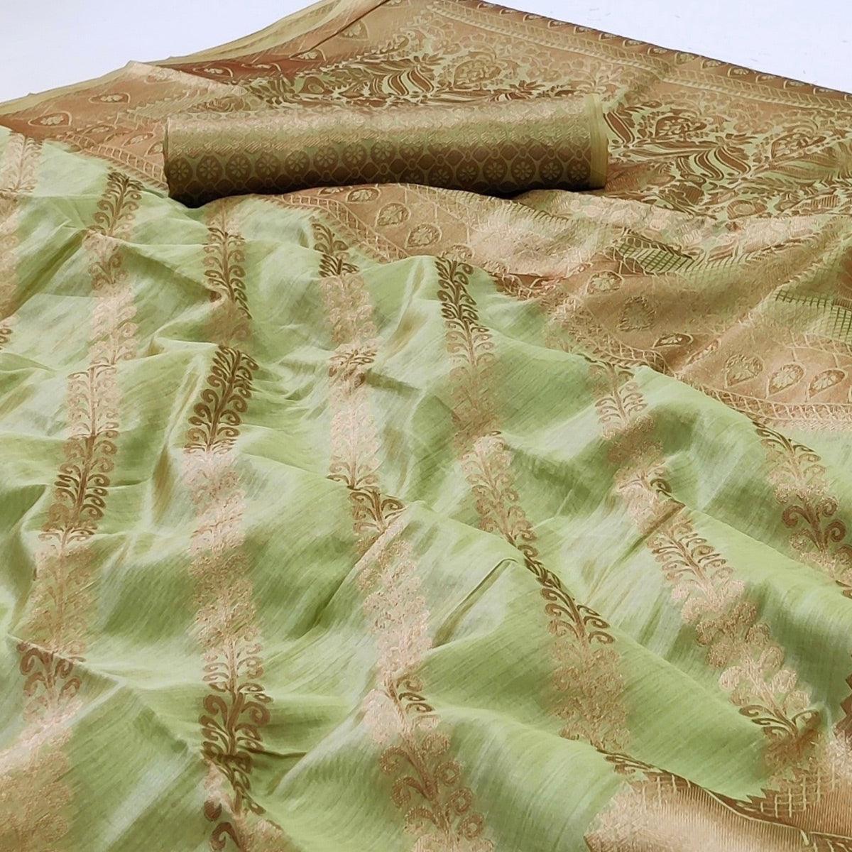 Pista Green Woven Organza Saree - Peachmode