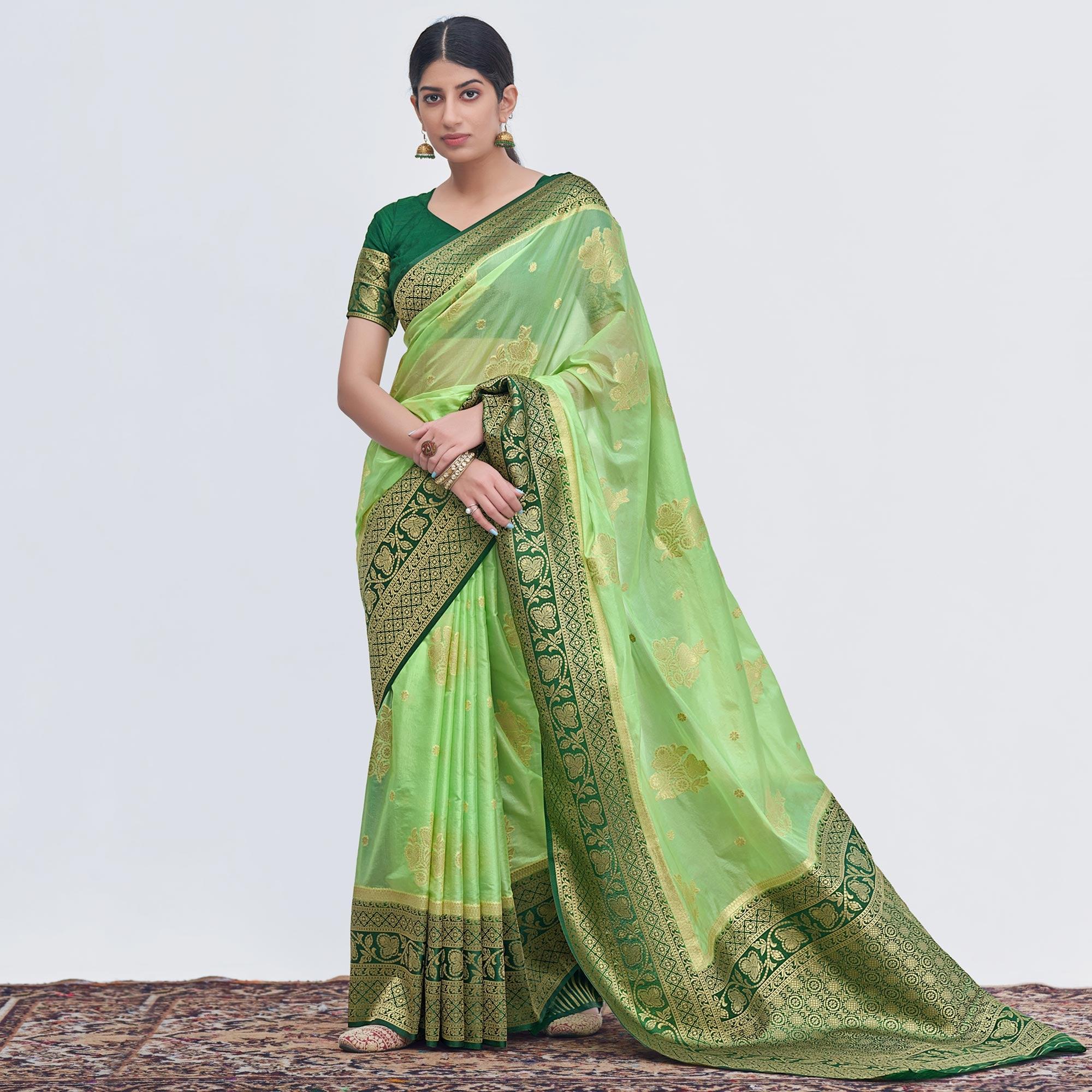 Pista Green Woven Organza Saree - Peachmode