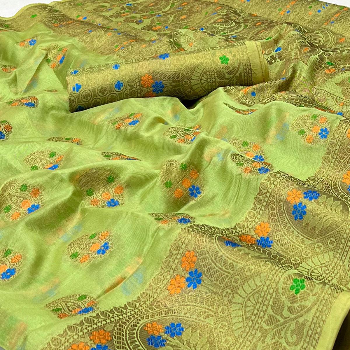 Pista Green Woven Organza Saree - Peachmode