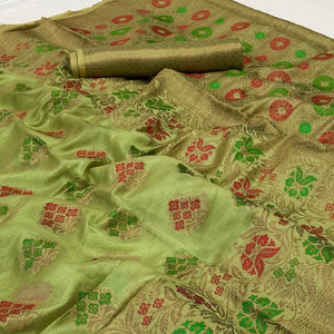 Pista Green Woven Organza Saree - Peachmode