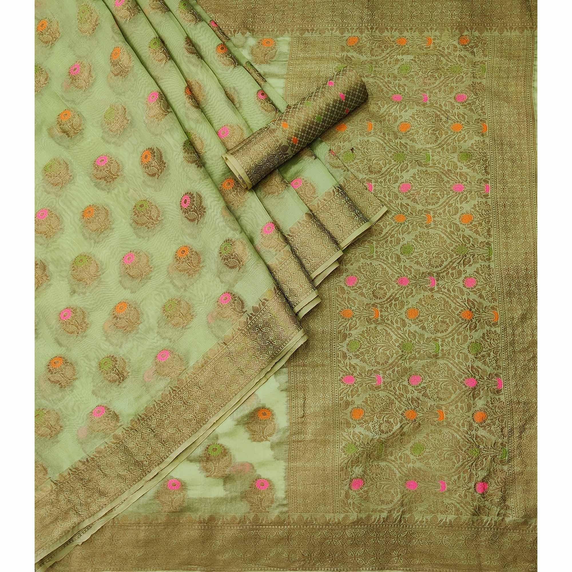 Pista Green Woven Organza Saree - Peachmode