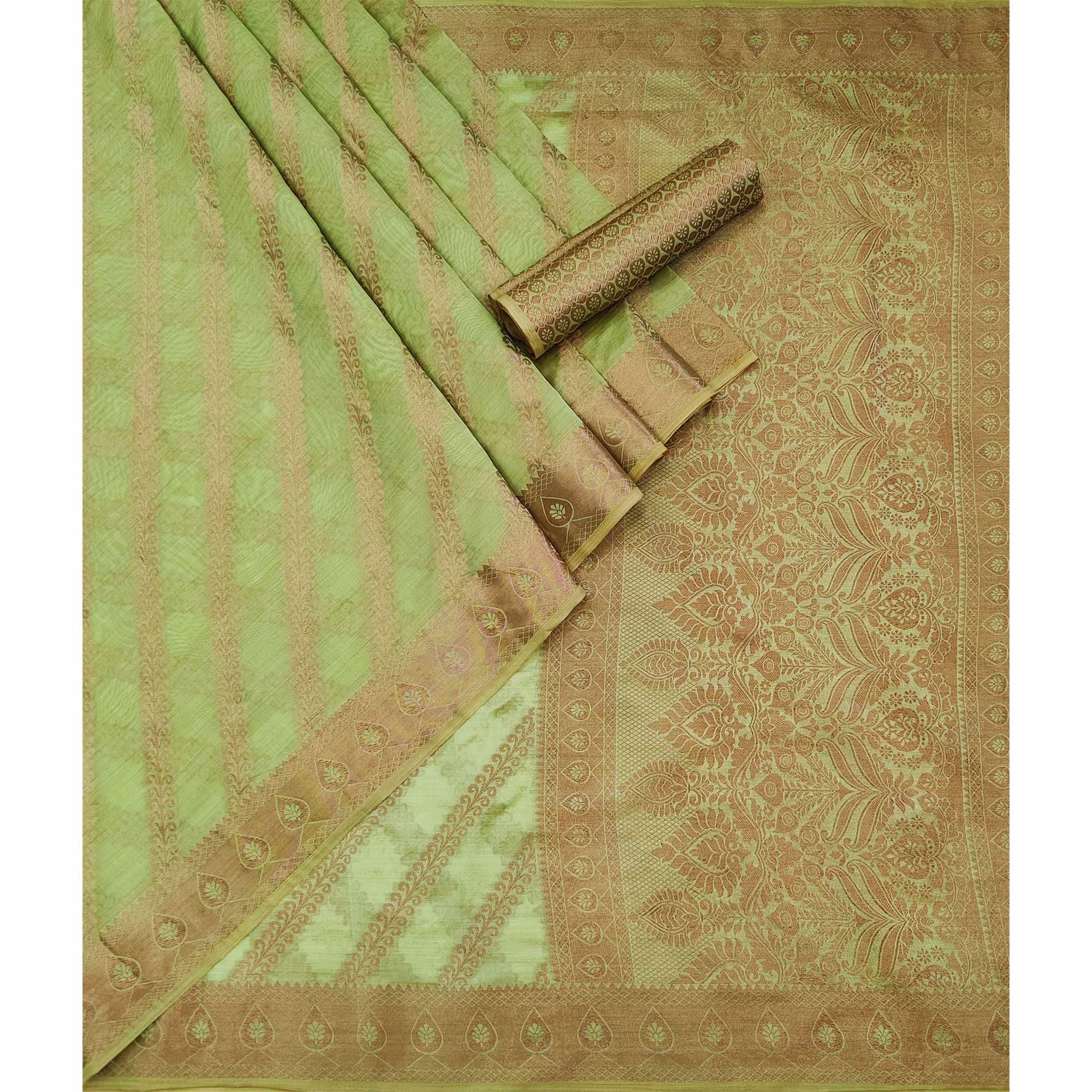 Pista Green Woven Organza Saree - Peachmode