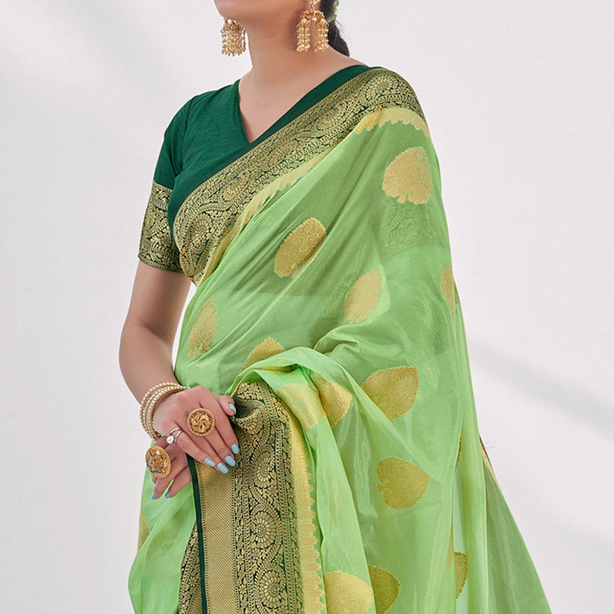 Pista Green Woven Organza Saree - Peachmode