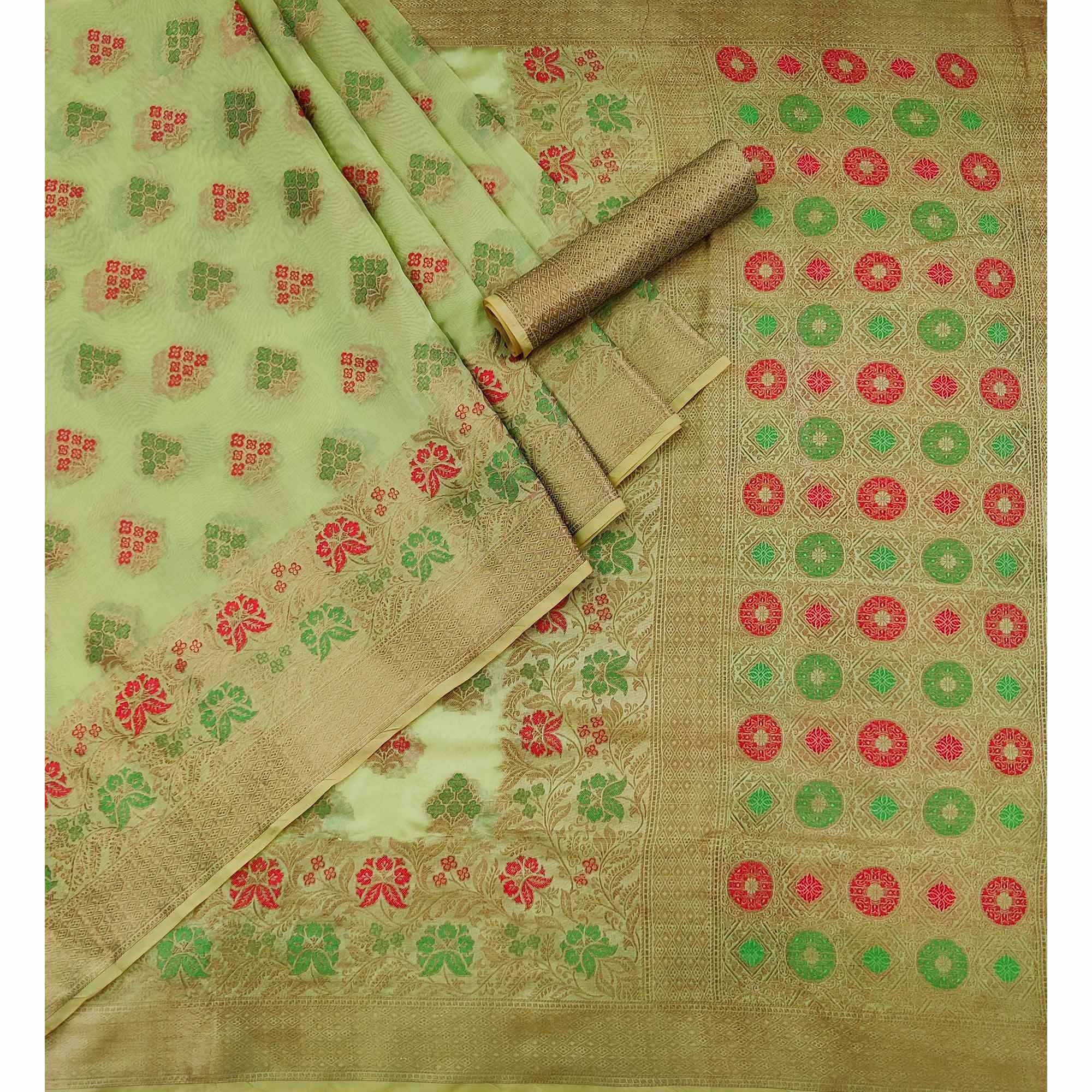 Pista Green Woven Organza Saree - Peachmode