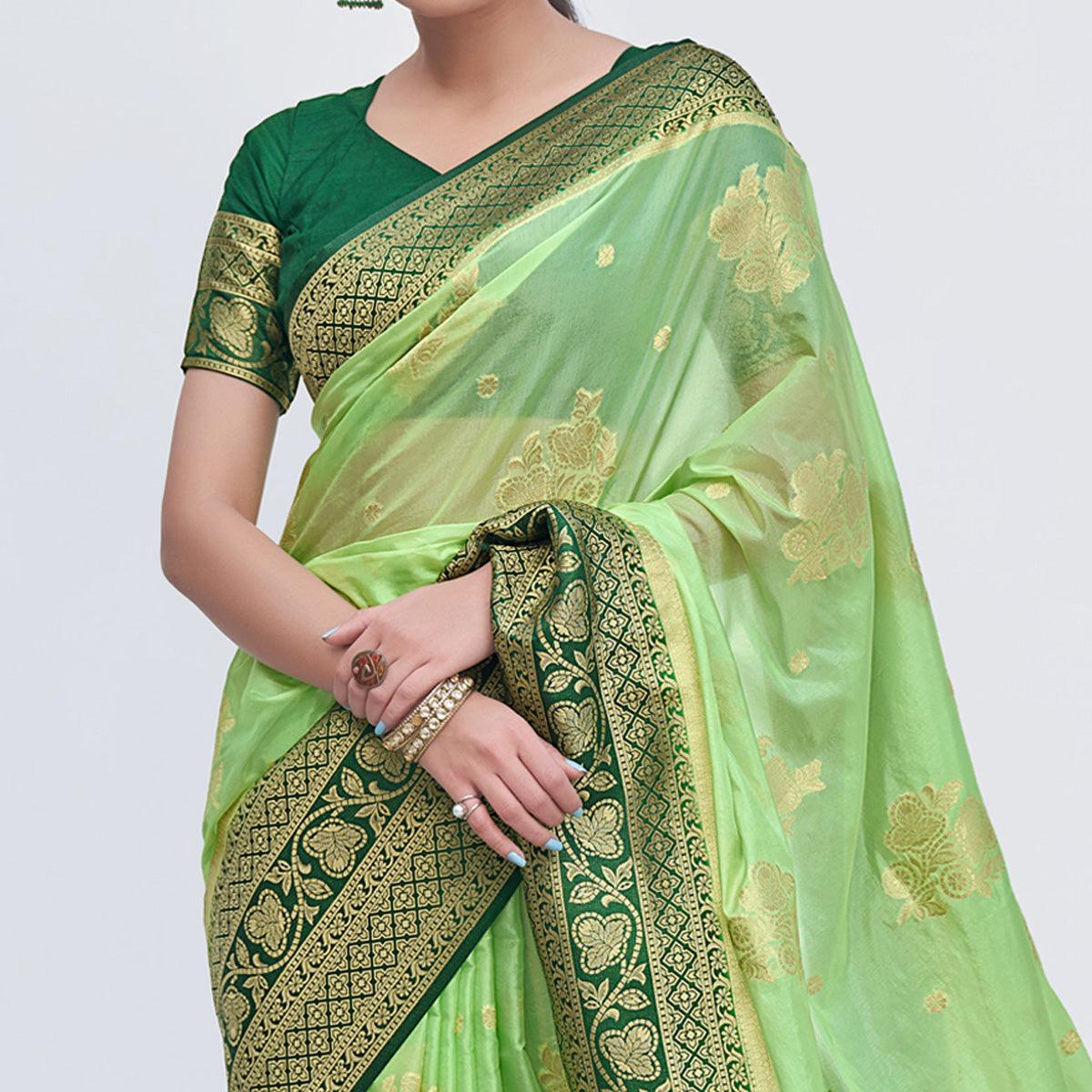 Pista Green Woven Organza Saree - Peachmode