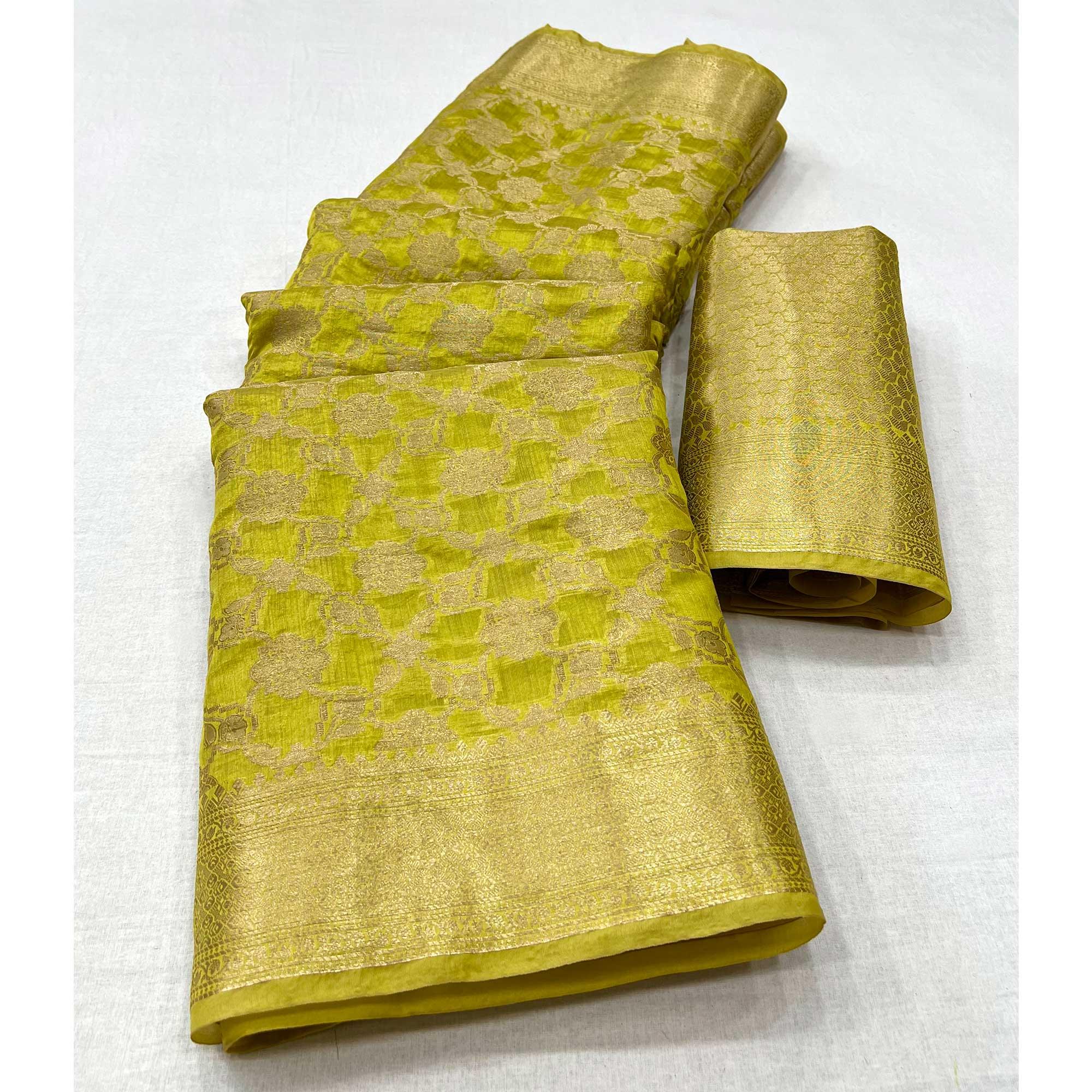 Pista Green Woven Organza Saree - Peachmode