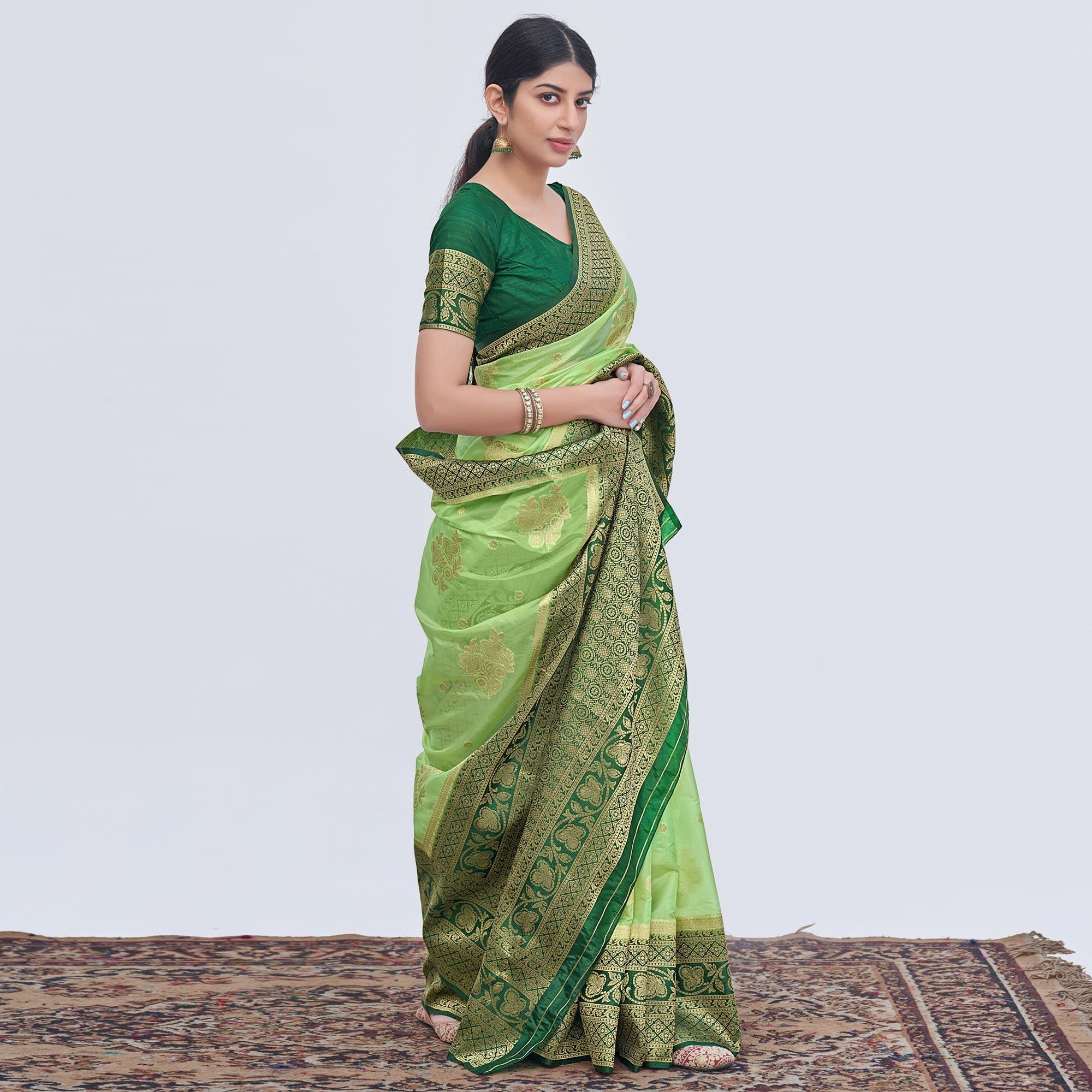 Pista Green Woven Organza Saree - Peachmode