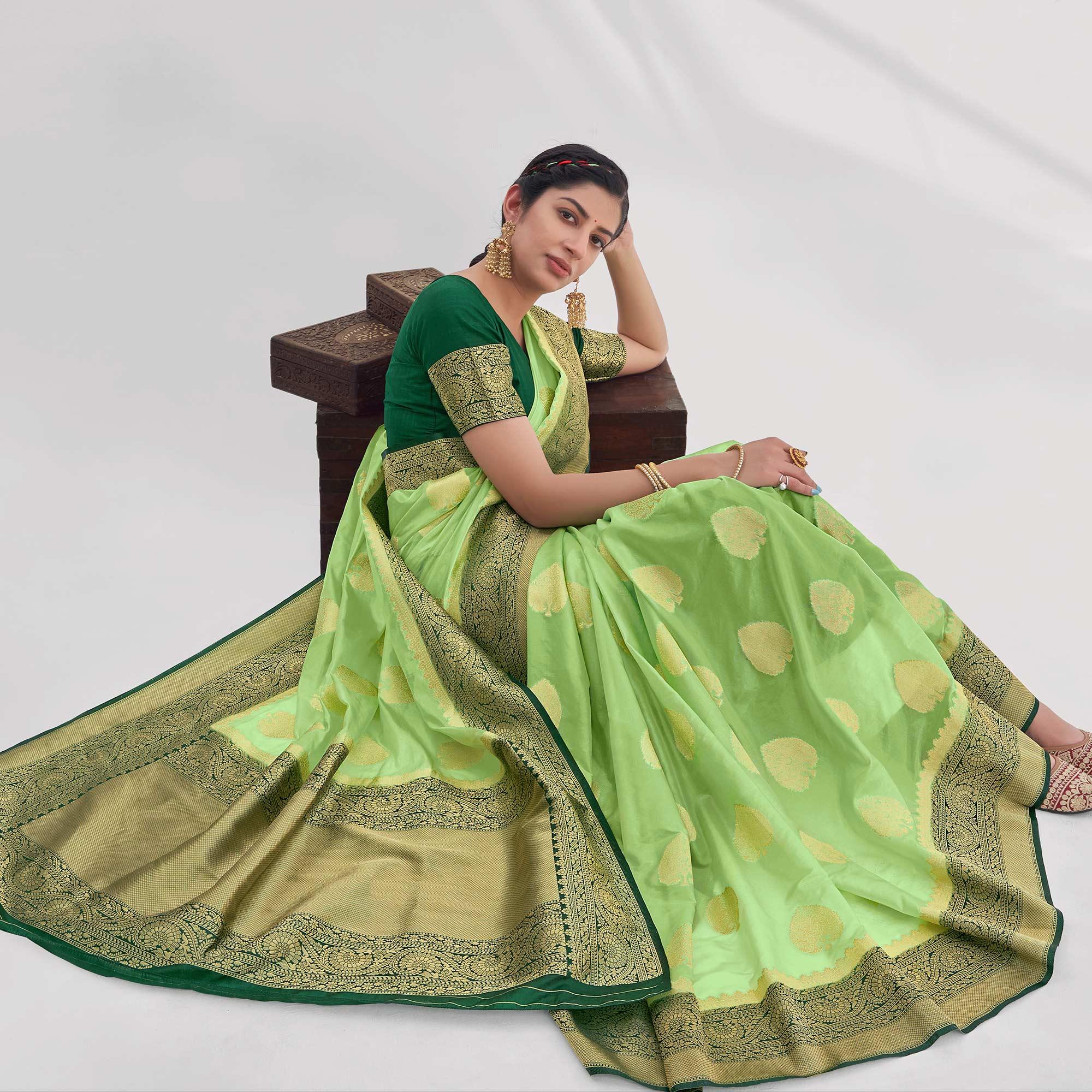 Pista Green Woven Organza Saree - Peachmode