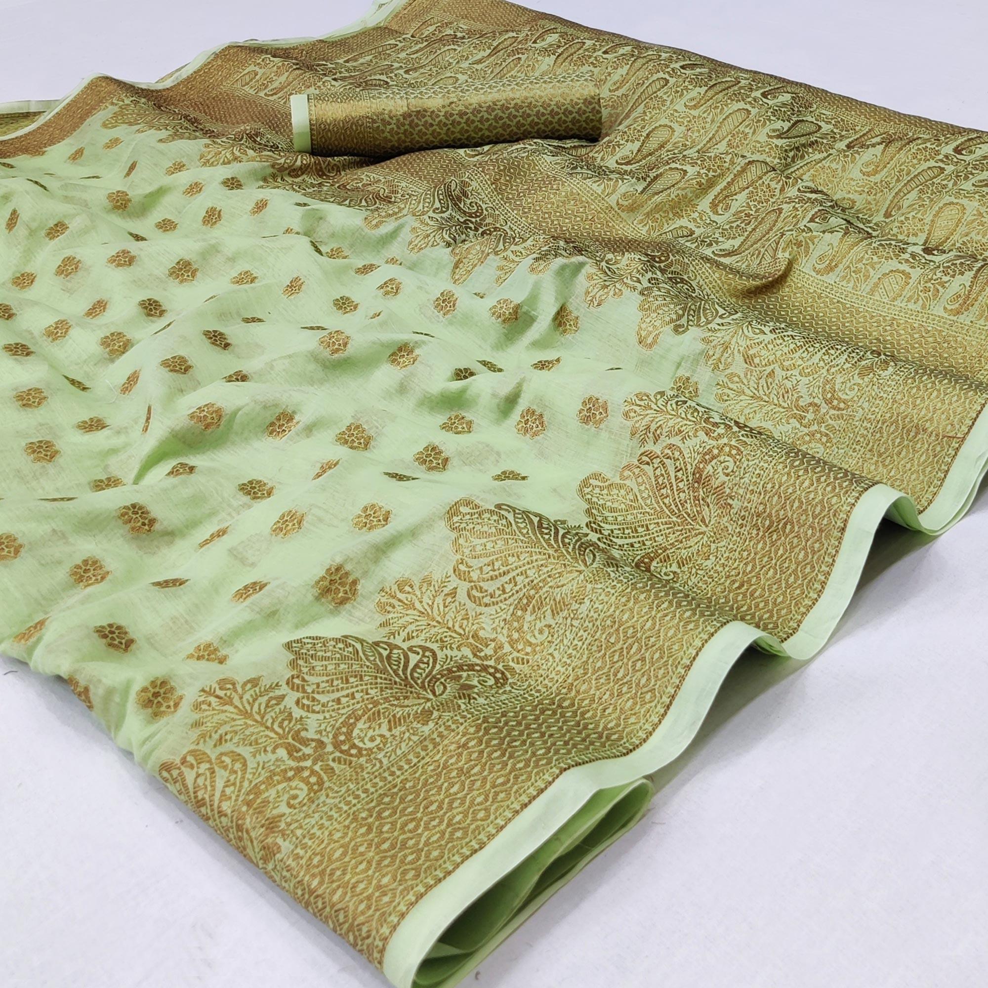 Pista Green Woven Poly Cotton Saree - Peachmode
